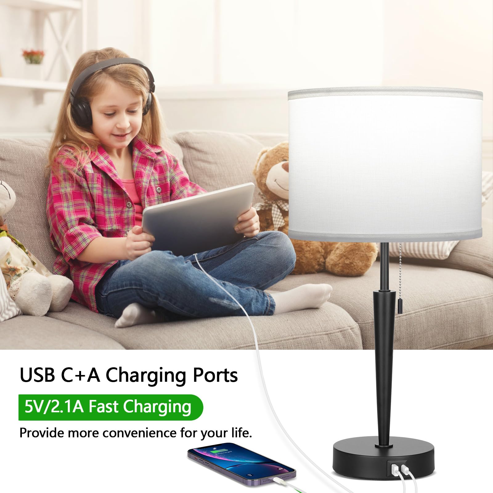 Ggoying Set Of 2 Nightstand Lamp,Pull Chain Bedside Table Lamp With Usb C+A Charging Ports,5000K Led Bulbs,White Fabric Lampshad