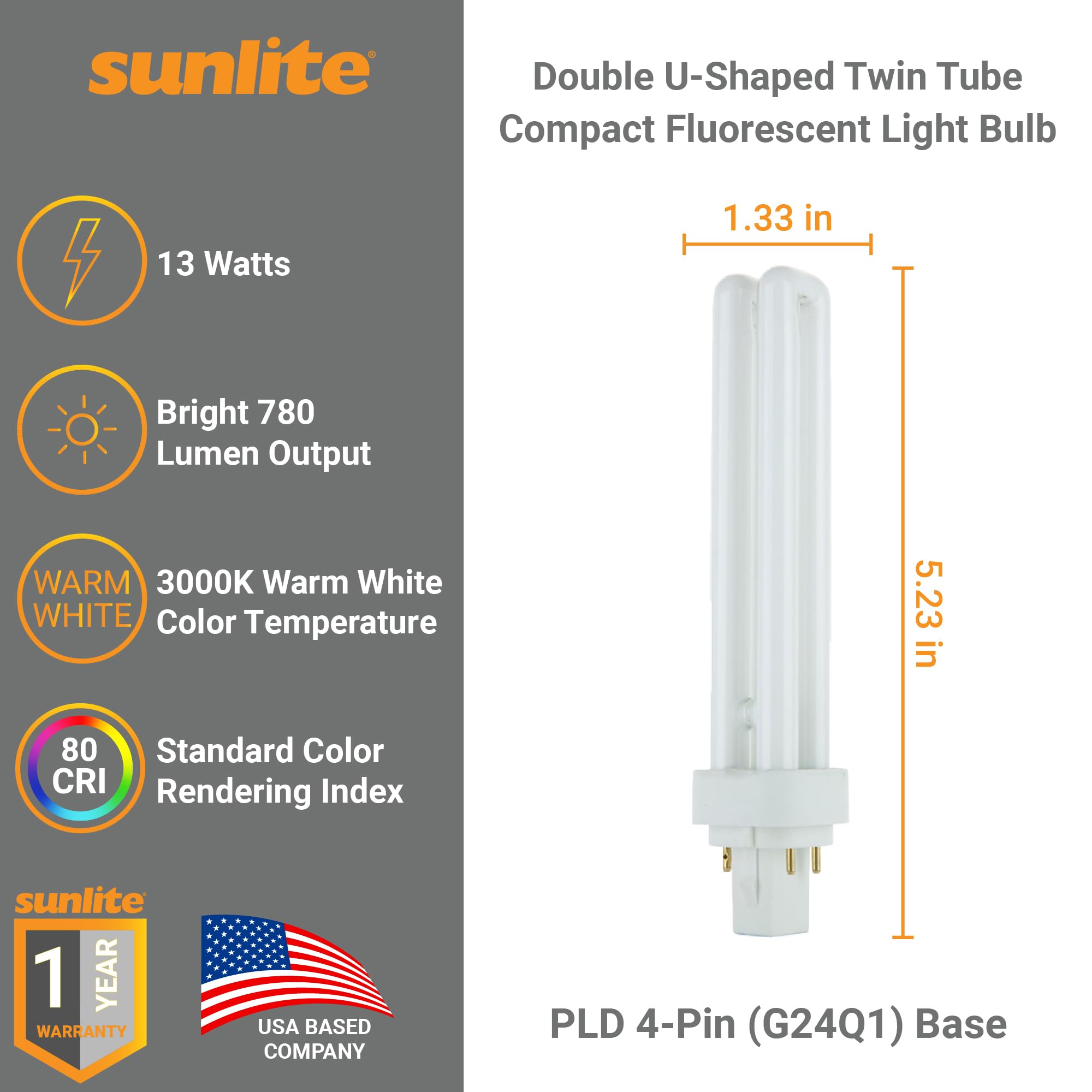 Sunlite PLD13/E/SP30K Compact Fluorescent PLD 4-Pin Double U-Shaped Twin Tube, 13 Watts, 120 Volts, 780 Lumens, 3000K Warm White
