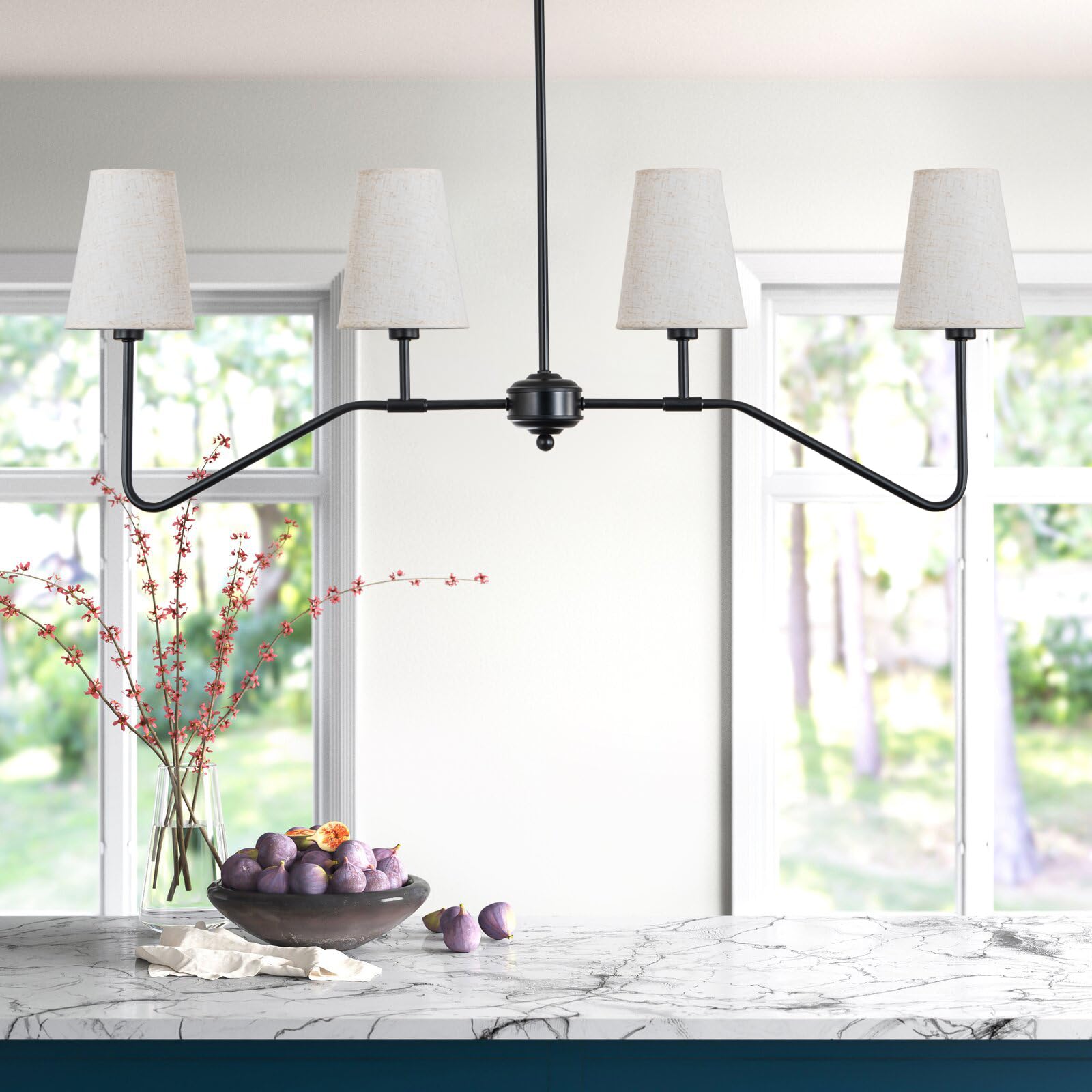 Fiyueoyi 4-Light Kitchen Island Lighting, Modern Linear Chandeliers For Dining Room Light Fixture Over Table Classic Matte Black Pendant Light With Linen Shades 41”W For Kitchen Island Living Room
