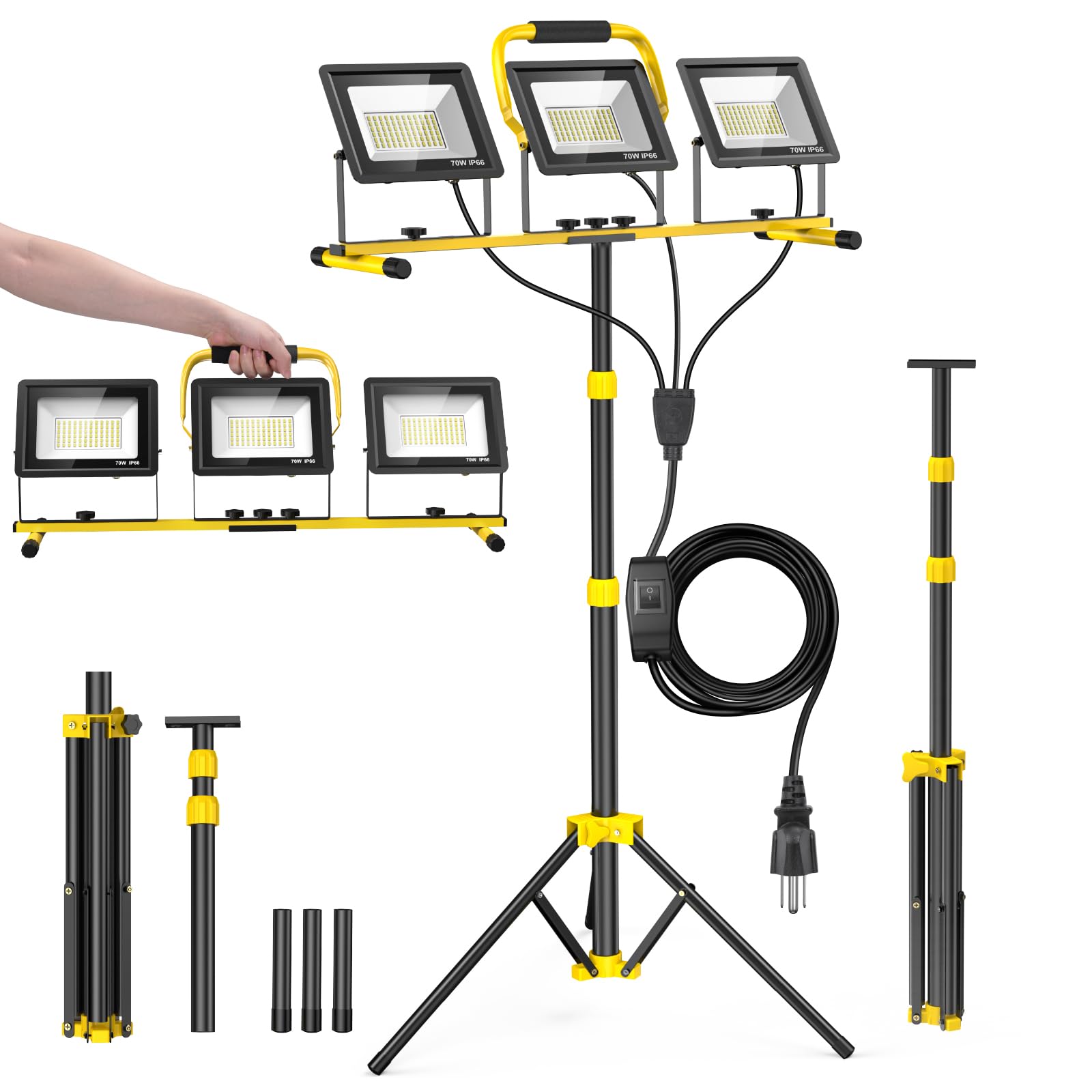 Upgraded LED Work Lights with Stand  21000 Lumen 3-Head Adjustable Work Light  IP66 Waterproof Construction Tripod Light  Foldable & Portable Work Lights for Garage  Job Site  Outdoor Use