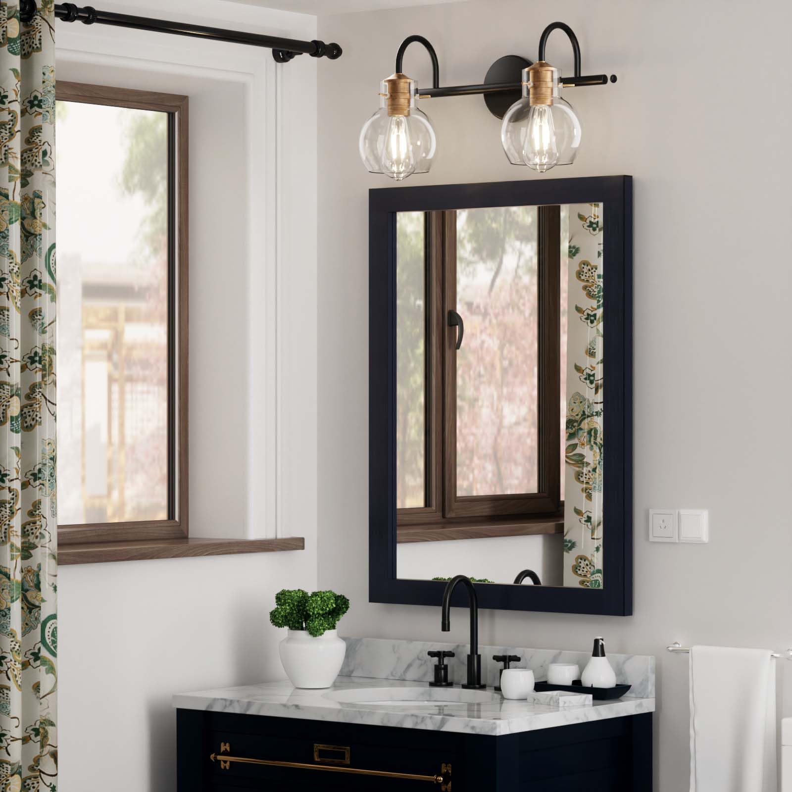 Primeplus 2 Light Bathroom Vanity Light, Black And Red Copper Bathroom Light Fixtures Over Mirror, Modern Copper Vanity Light With Clear Glass Shade, Black Wall Sconce For Bathroom, Bedroom