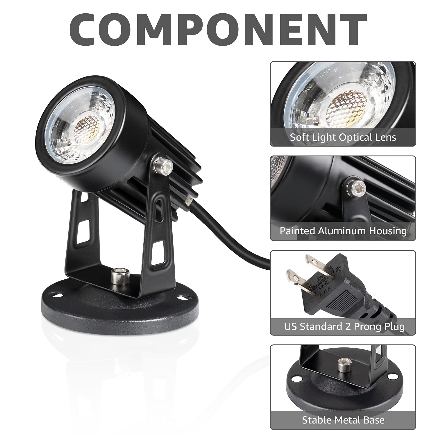 SUNVIE LED Spot Lights for Indoor Plants, 2 Pack, Warm White, Aluminum, Black, 5.9 FT Cord with Floor Foot Switch
