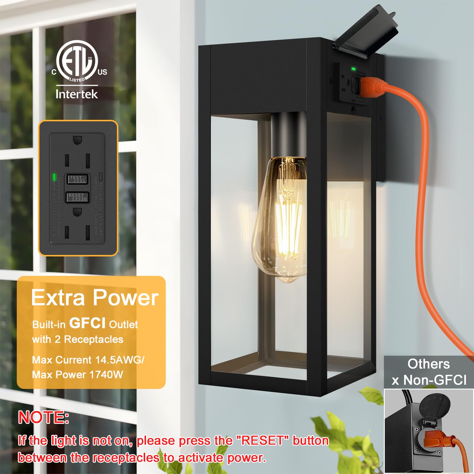 OYKYOHEI Outdoor Wall Sconce Light with GFCI Outlet, Waterproof Metal Lantern, Black, No Sensor, Model TSU-B05053GP-1PUS