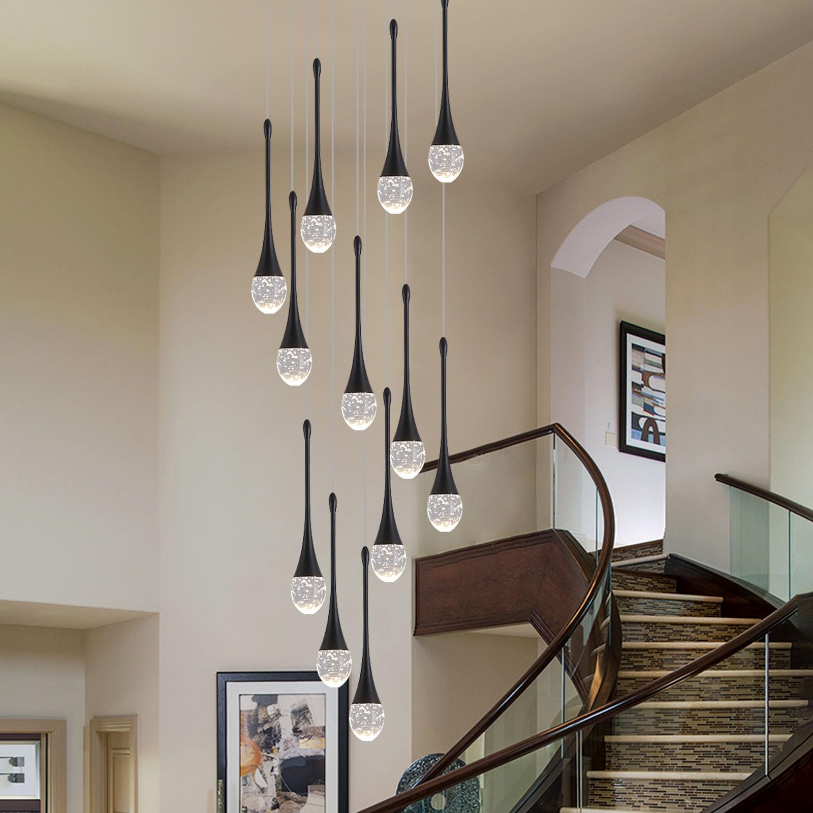 Upfelw Modern Crystal Staircase Chandelier, 12-Lights, Black, Dimmable LED, H120'' High Ceiling Light Fixture, Remote Control