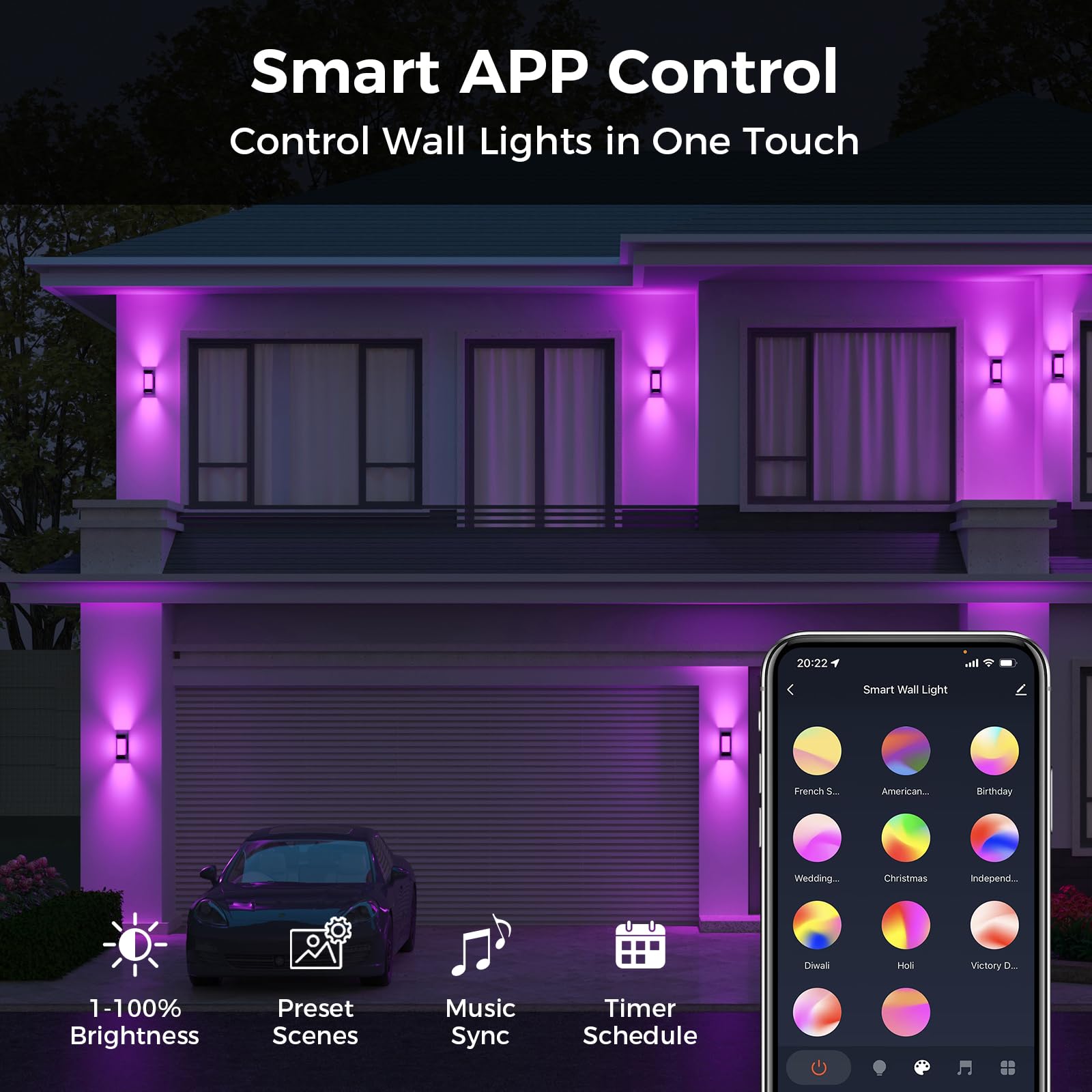 XMCOSY+ Outdoor Wall Lights, 2100LM Smart LED Sconce, Wi-Fi Control, IP65 Waterproof, 2 Pack, Black, Model XMWLB