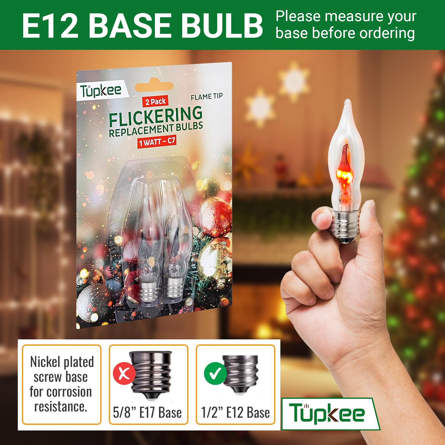 Tupkee C7 Flickering Flame Bulb - 1W Light Bulb With A Orange Glow That Flickers And Dances Up And Down - Replacement For E12 Ba