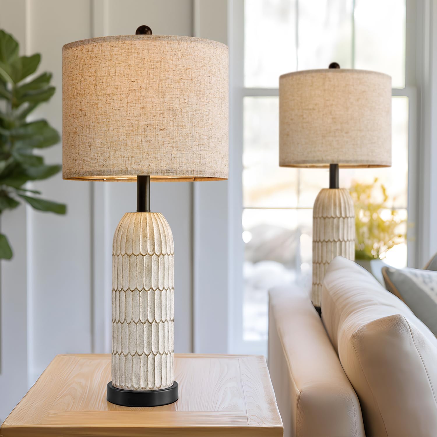 OYEARS Table Lamps Set of 2 - 26.5" Bedside Lamps with USB A+C Charging Ports, Rustic Wash White for Nightstands and Bedrooms