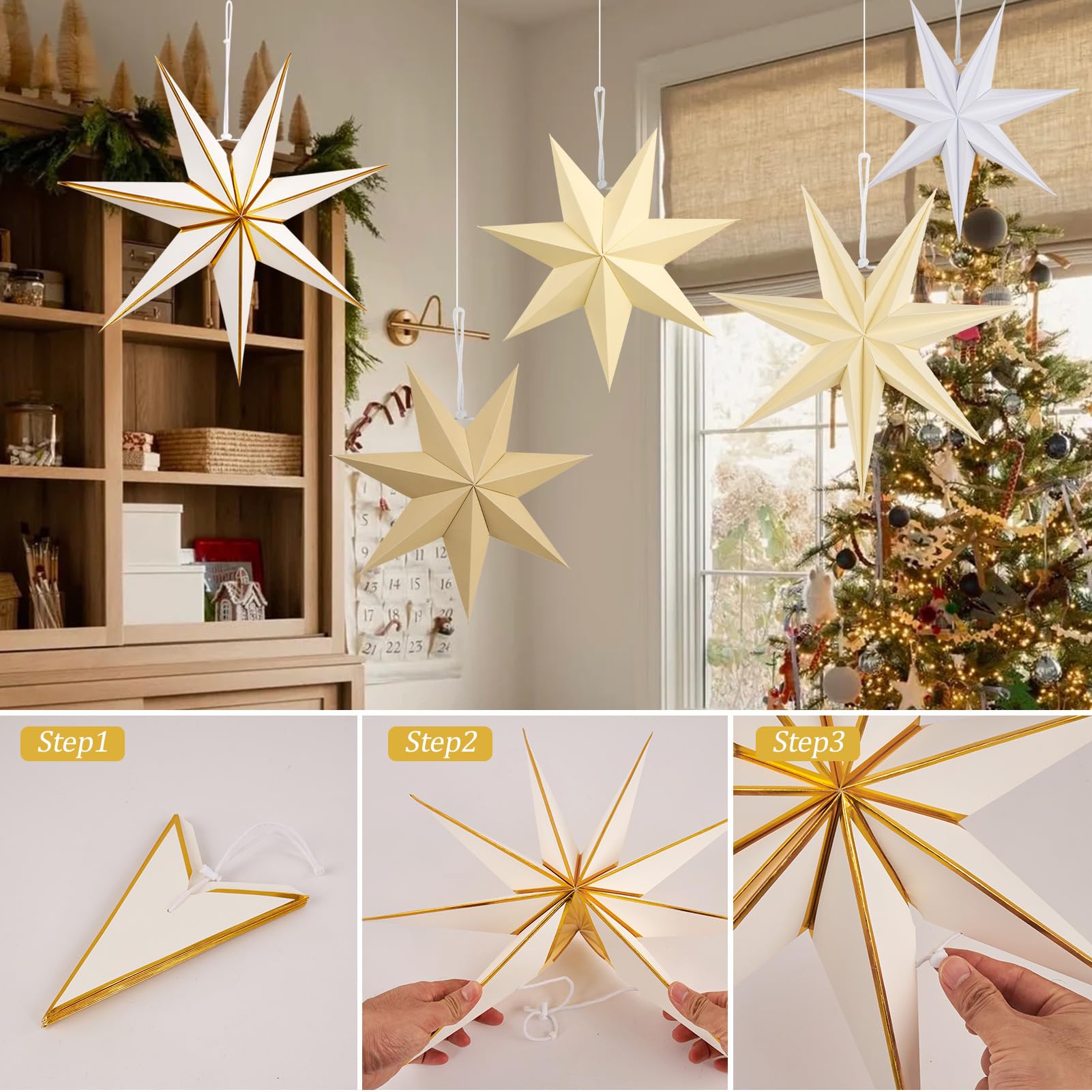 Paper Jazz 5 Pcs Paper Star Lanterns Party Decorations Paper Stars Christmas Hanging With Beige Brown Moravian Star Boho Vintage Christmas Ornaments For Xmas Tree Wall Ceiling Decoration.