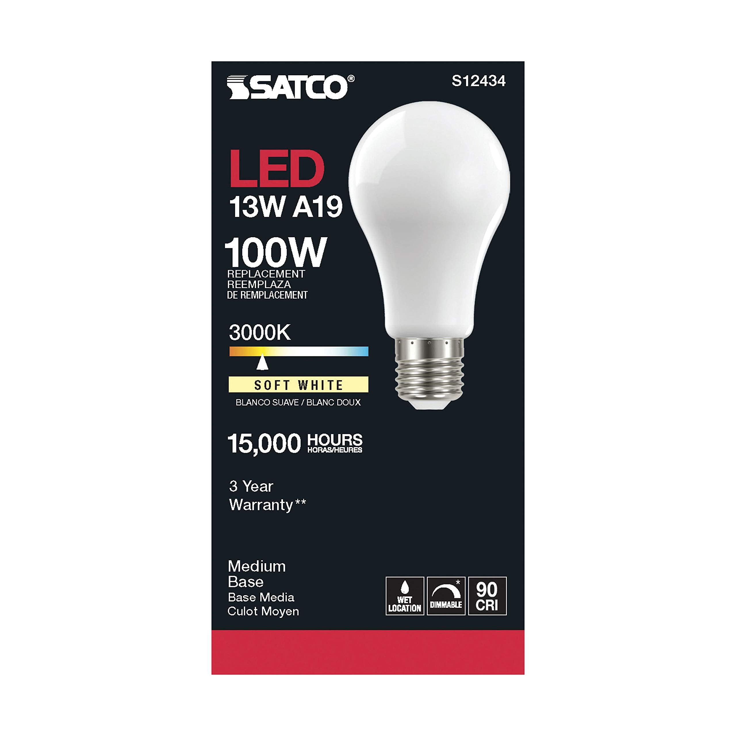 Satco (6 Pack) Dimmable Led Filament Lamps, S12434, High Lumens, 13.5 Watt, A19; Soft White; Medium Base; 3000K; 90 Cri; 120 Vol