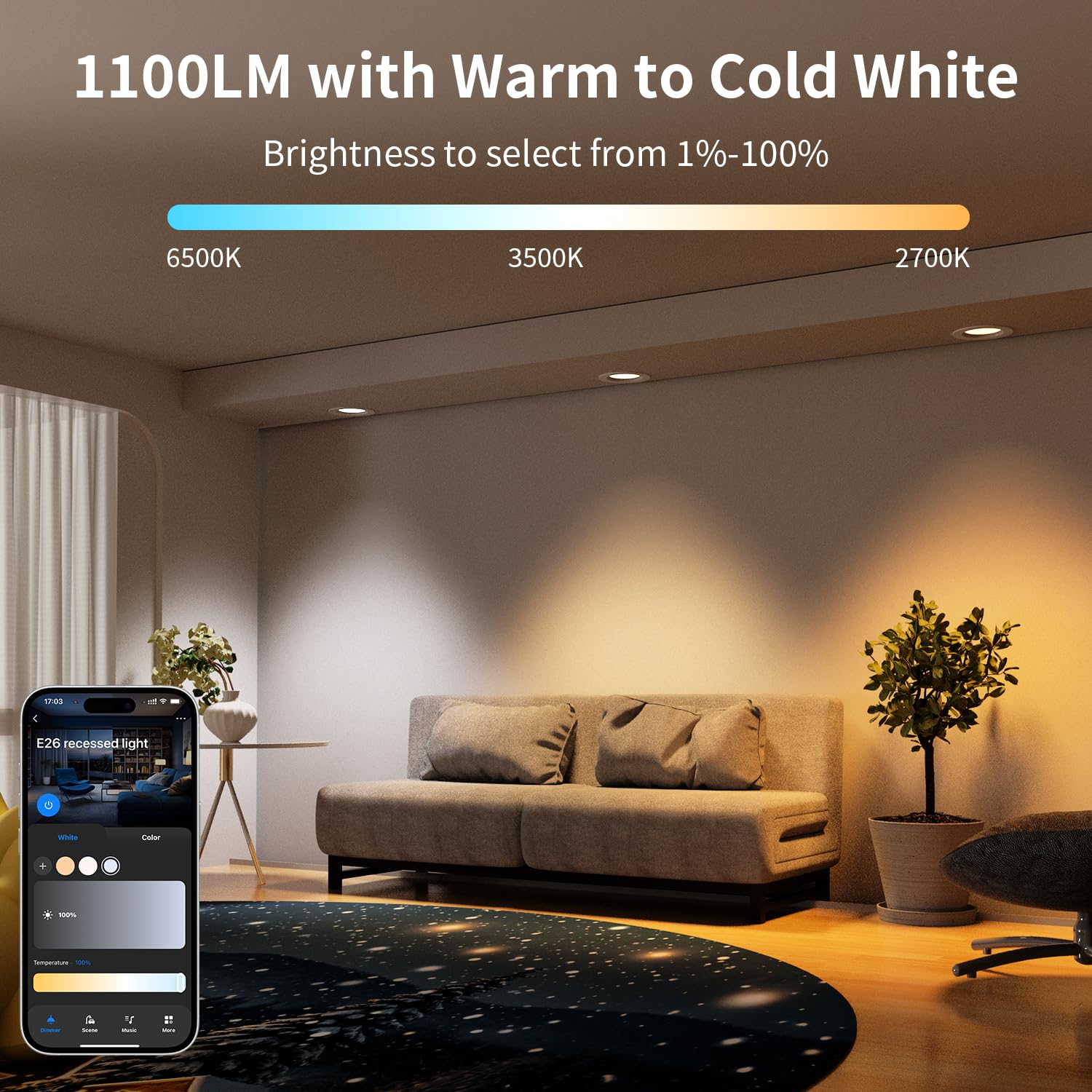 Peteme E26 Retrofit Led Recessed Lighting 6 Inch, Ic Rated Etl Certified Smart Can Light Baffle Trim Style, Rgbcw Dimmable Color