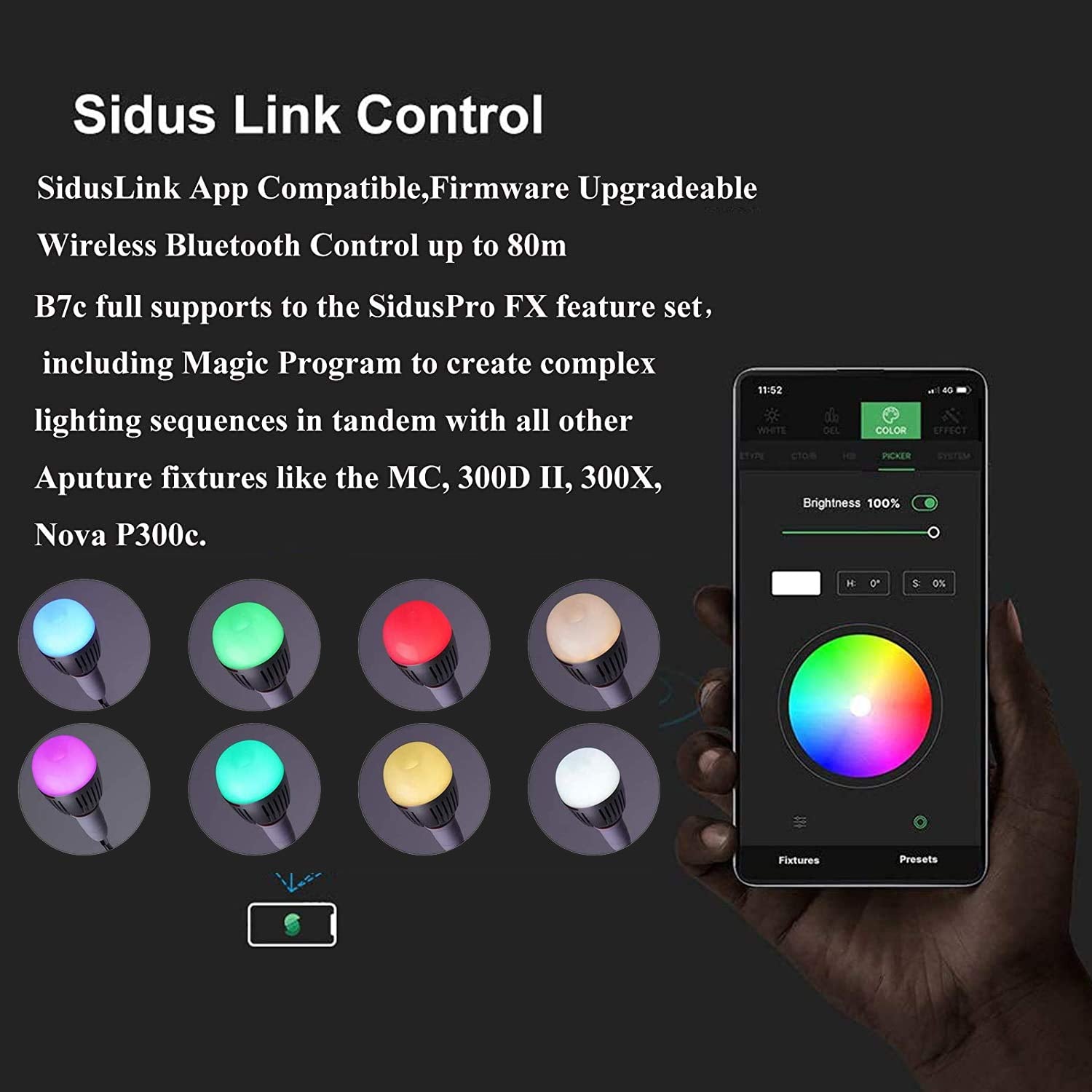 Aputure Accent B7C Smart Led Light Bulbs 7W Rgbww,Tlci 96+ Cri 95+ 2,000K-10,000K Adjustable 0-100% Stepless Dimming Cct/Hsi/Fx Mode App Control Built-In Battery/Ac Power Via E26/E27 Socket