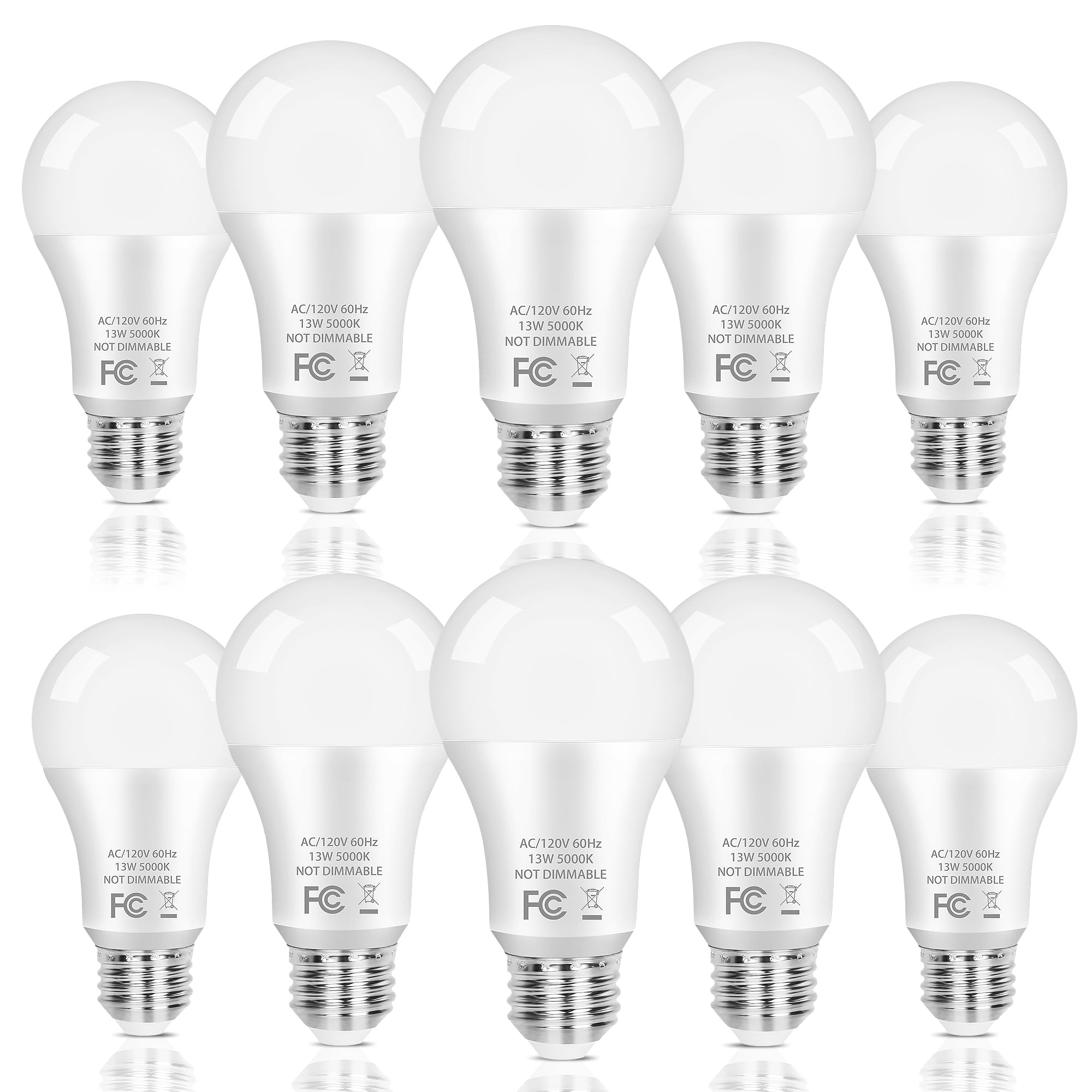 PARTPHONER A19 LED Light Bulb, 100W Equivalent, 13W Daylight White 5000K, 1500LM, E26 Base, 10-Pack, Plastic