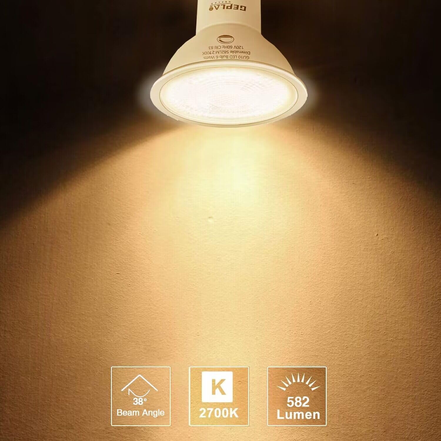 Geplad 6 Pack Gu10 Led Bulb Dimmable 6W, 582Lm, 2700K Warm White, Halogen Replacement, 38° Spotlight