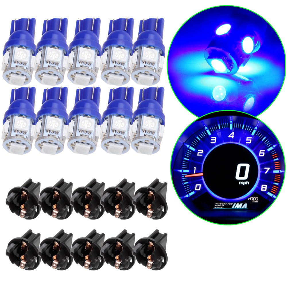 Cciyu 10 Pcs T10 5-5050-Smd Pc194 Blue Led Bulb Instrument Panel Cluster Dash Light Twist Lock Socket