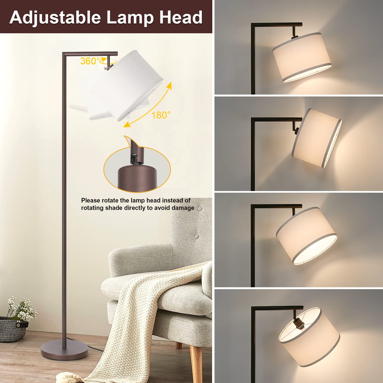 Fully Dimmable Floor Lamp Brown, Arc Floor Lamp For Bedroom With Adjustable Hanging Shade & Foot Switch, Modern Standing Lamp Co