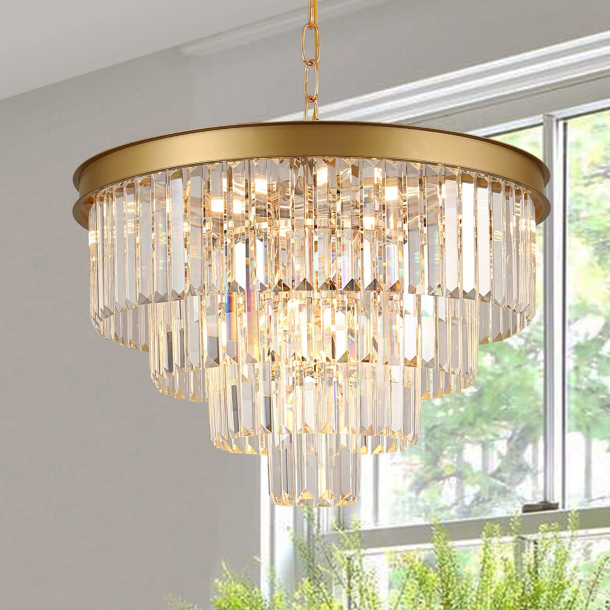 A AXILIXI Modern Crystal Chandelier, 24" Gold Raindrop 12-Light Pendan ...