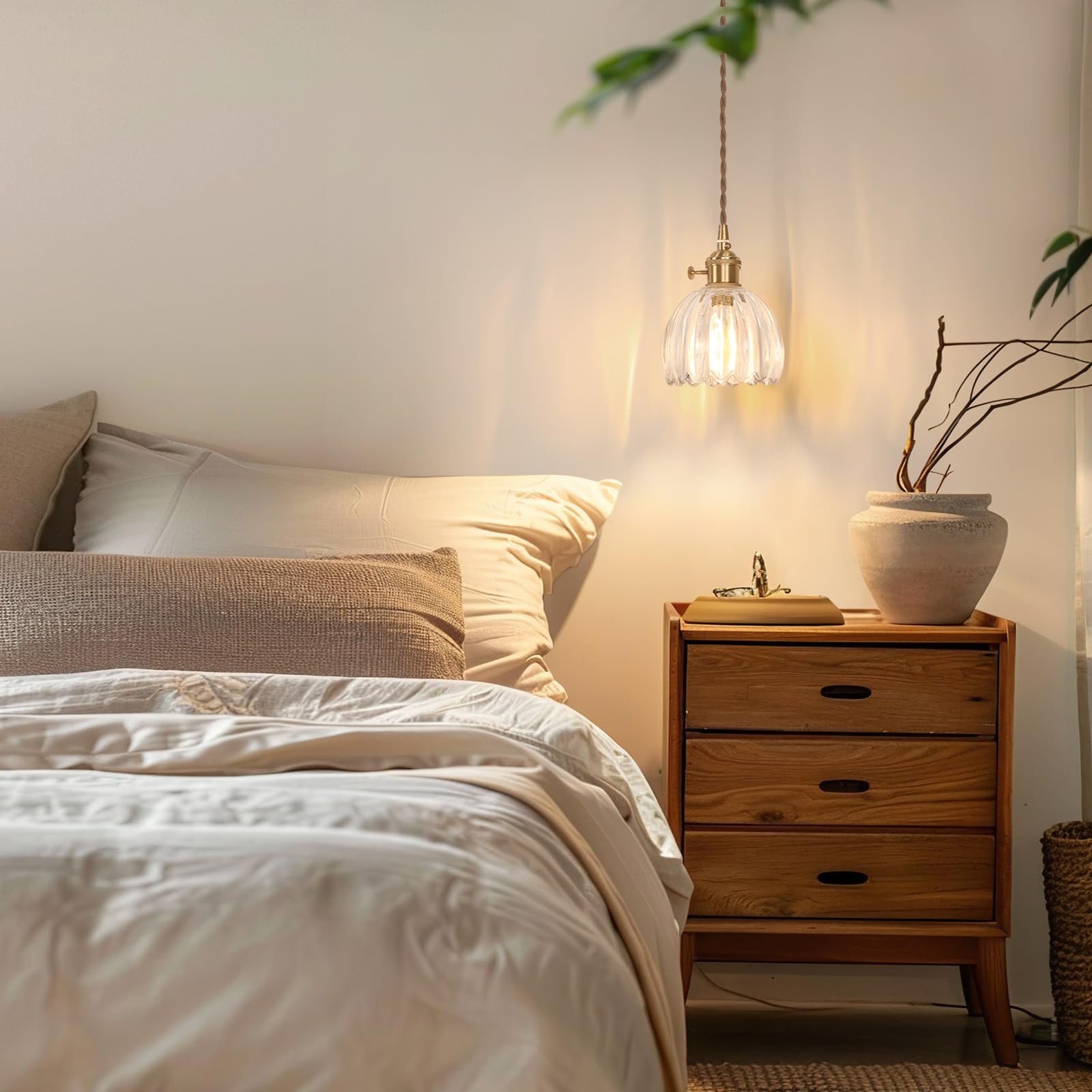 Shenmoyl Mini Pendant Light With Clear Tulip Glass Lmapshade, Brass Vintage Pendant Light Adjustable Hanging Light For Kitchen I