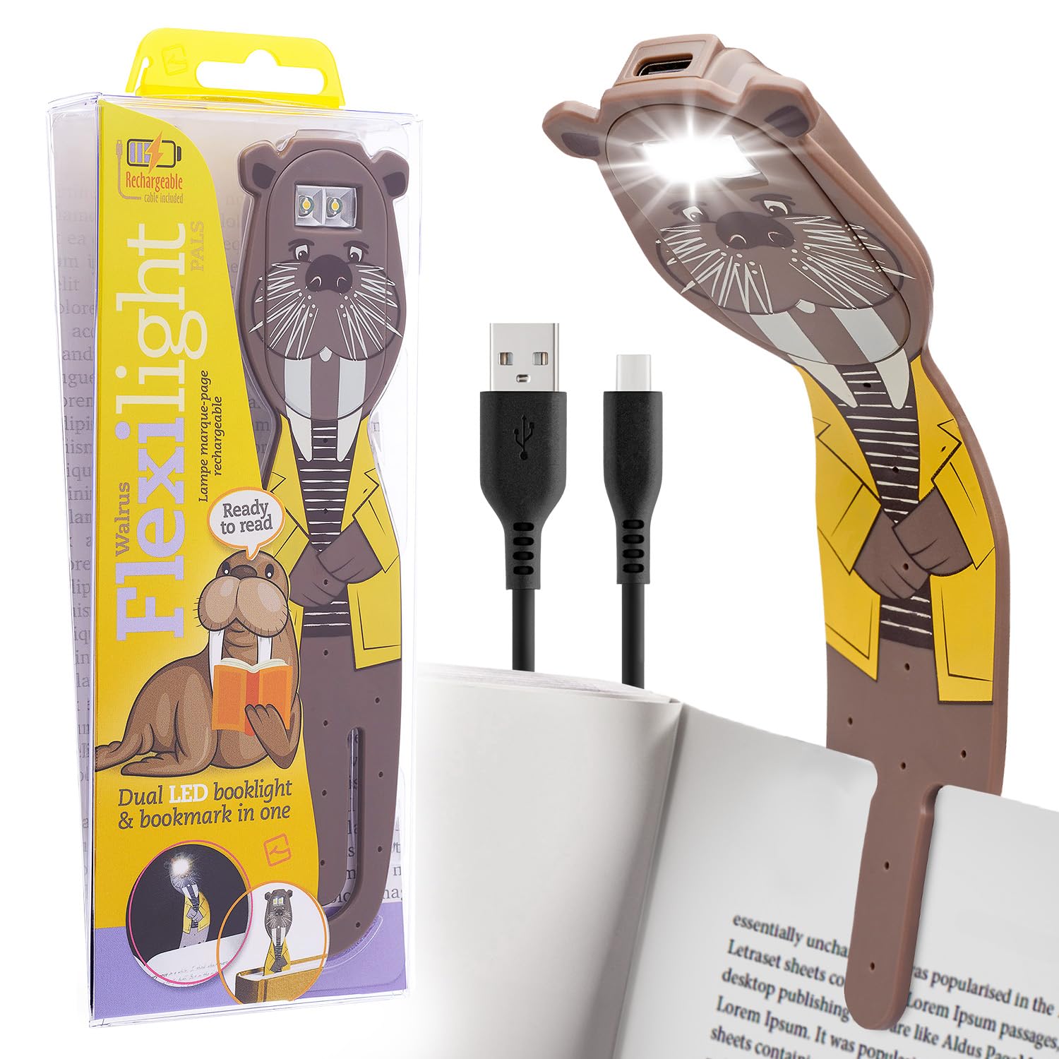 Gifts for Readers & Writers Flexilight Rechargeable Reading Light - LED Clip-On Bookmark Lamp, Walrus Color, Model 2