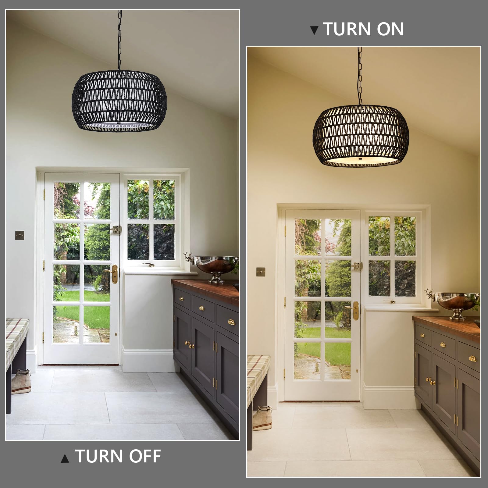 Farmhouse Chandeliers For Dining Room,5-Lights Rattan Boho Chandelier Light Fixture,Black Woven Dining Room Light Fixture With F