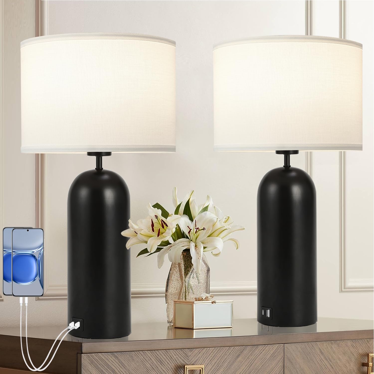 MoMyofdy 22-inch Tall Table Lamps - Set of 2 Black & White Touch Control 3-Way Dimmable Lamps with USB A+C Ports for Bedroom or 