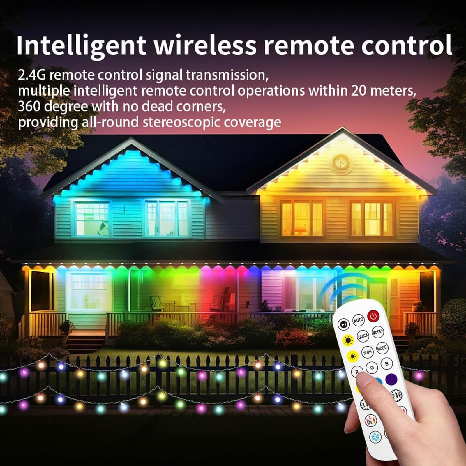 BAILONGJU 150ft Smart RGB Outdoor String Lights, 90 LEDs, IP67 Waterproof, Multicolor Eaves Lighting for Parties & Holidays