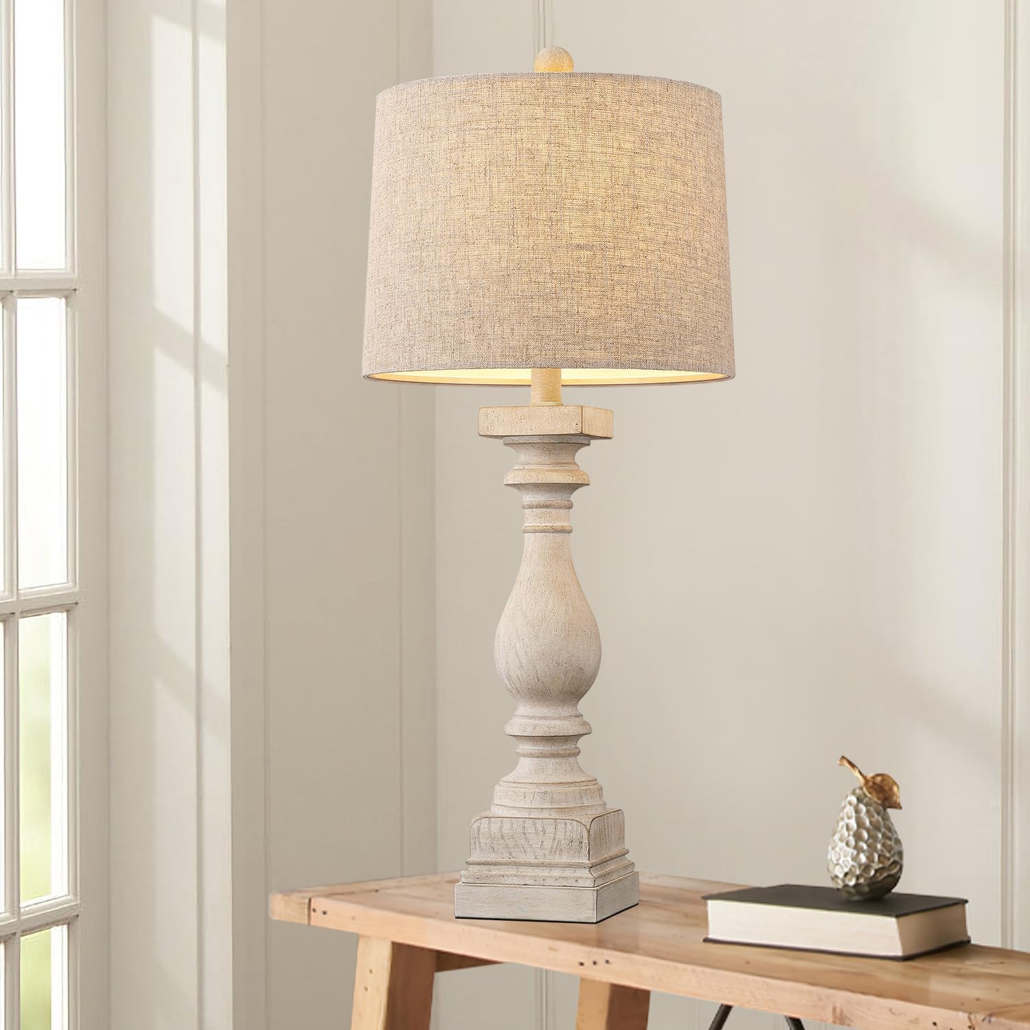 BOBOMOMO Retro Bedside Lamp with USB Charging Ports, 27in, Resin, Beige, Model AMZ-T279WW-U-1, 1 Pack