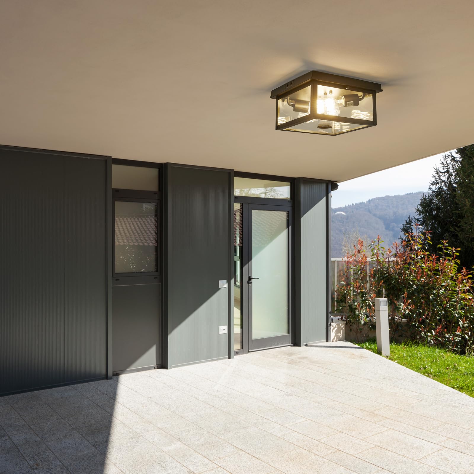 Tarentlight Adjustable Motion Sensor Ceiling Light Fixture Outdoor Modern Design Of Squares Flush Mount 2-Light Textured Black With Clear Glass For Your Porch,Garage,Patio,Hallway,Front And Back Yards