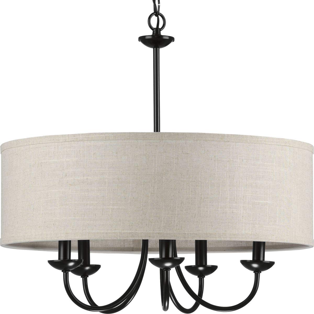 Progress Lighting Drum Shade Collection 5-Light Harvest Linen Shade Farmhouse Chandelier Light Matte Black