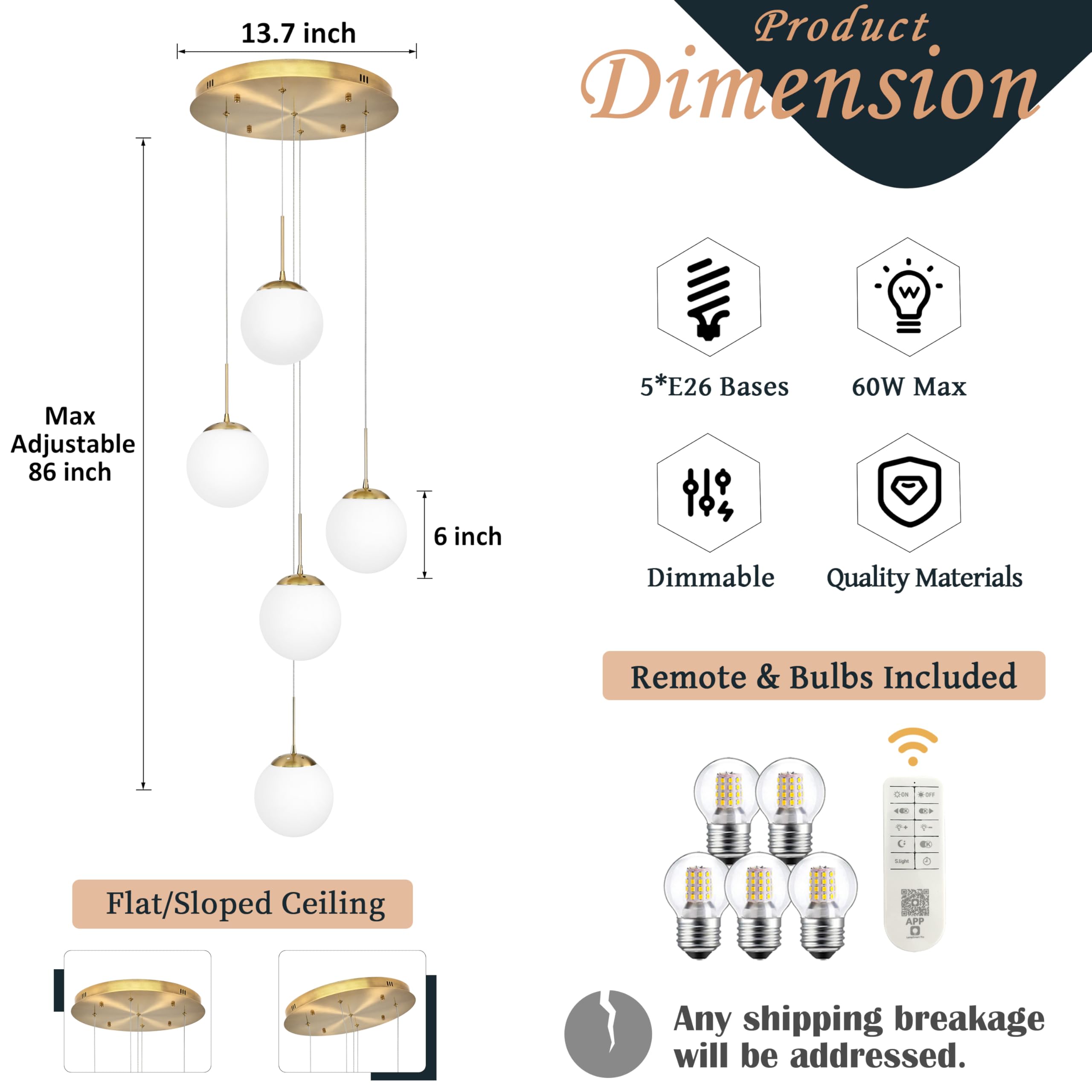 Koko&Yukina 5-Light Globe Glass Pendant Light Adjustable Length Pendant Lights Fixtures Modern Gold Chandelier With Milky White