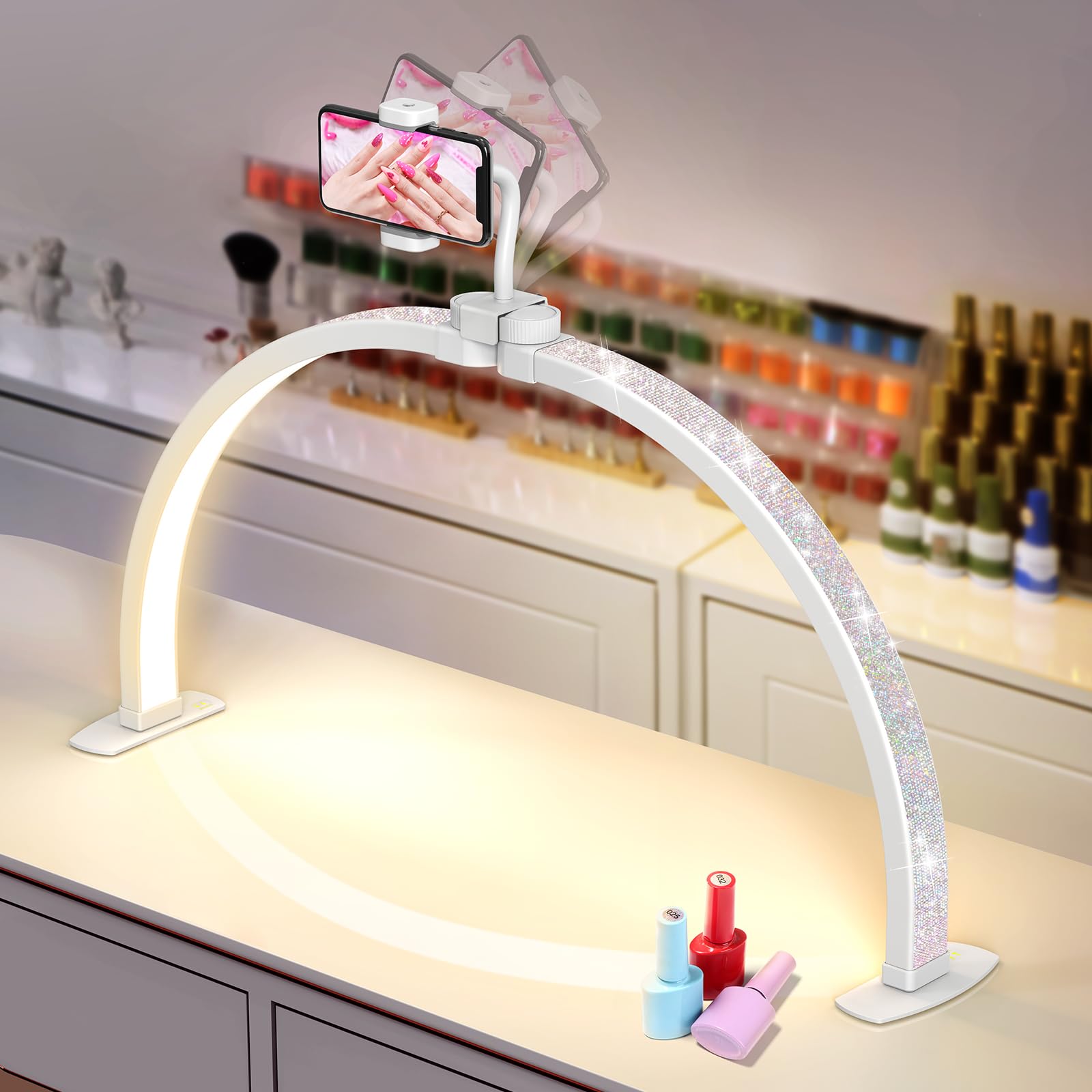 Yokilly Half Moon Desk Lamp with Phone Holder, 29in, Large, Crystal Diamond, 3 Color Modes, 10 Brightness Levels