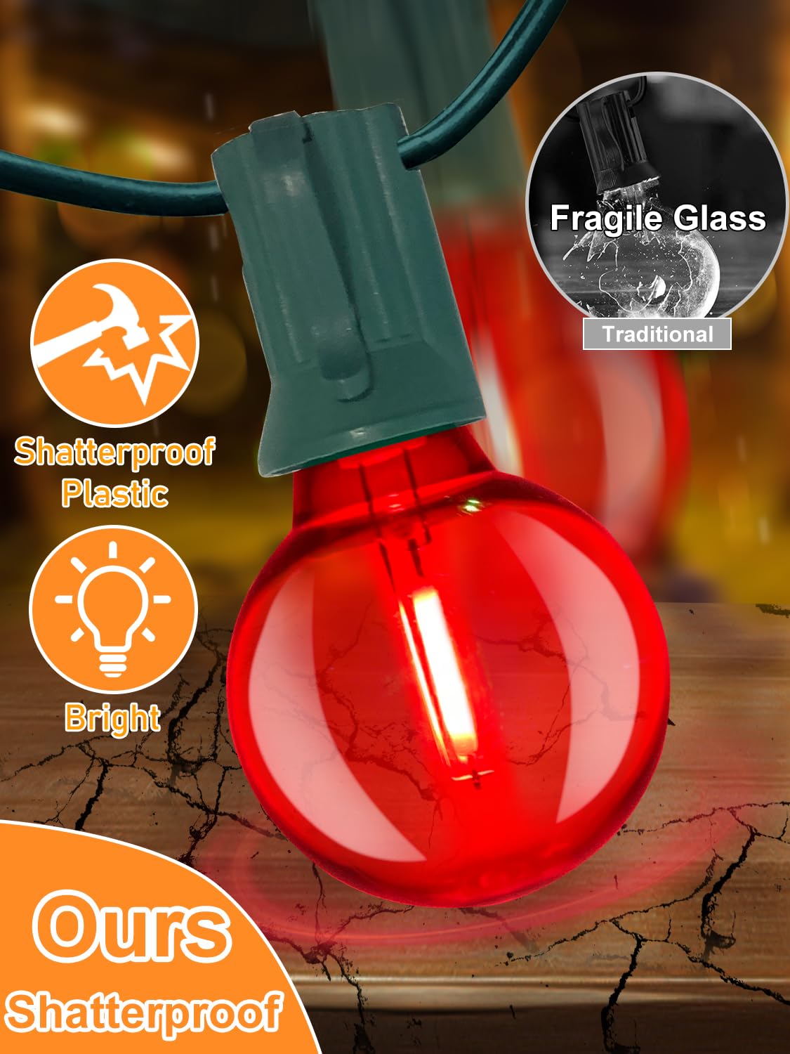 50Ft Vintage Christmas Lights Outdoor, G40 Led Globe Outdoor Christmas Lights With 27 Led Clear Red Green Lights(2 Spare), Round