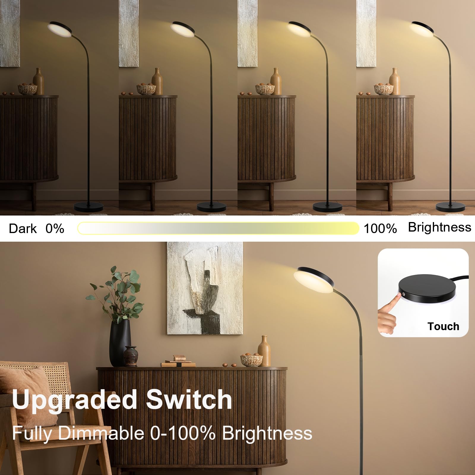 LALISU LED Floor Lamp - Adjustable Brightness & Color Temperatures, Black, Model LALISULEDFL08, Touch Control Gooseneck Design