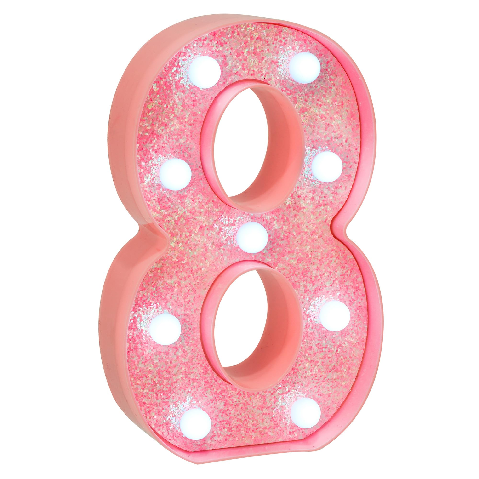 EUFONY Pink Glitter LED Marquee Light Up Number 8 with Cool White Lights, Battery-Powered Numbers sign for Girls Birthday Party