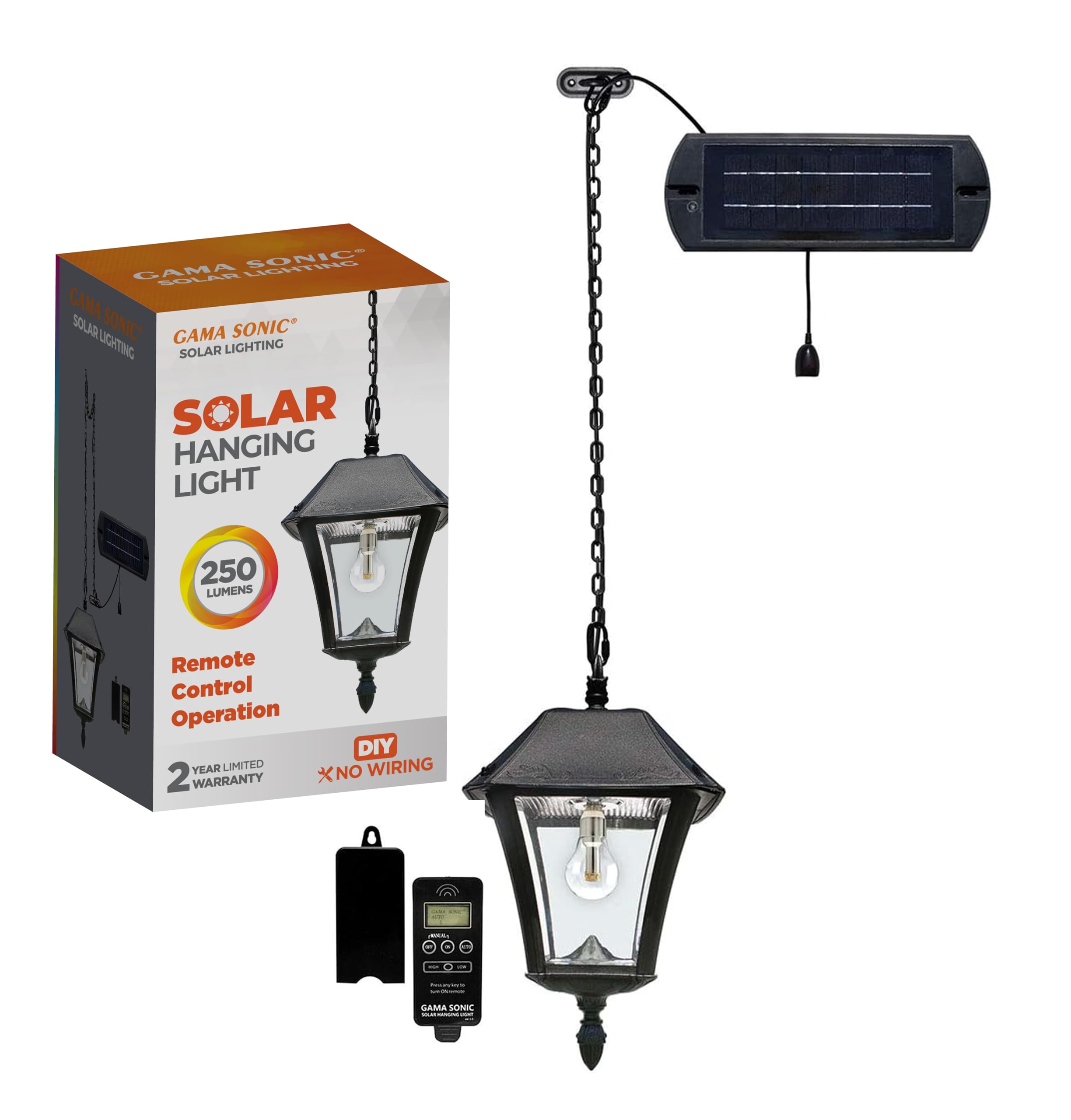 Gama Sonic Hanging Solar Light for Pergola Trellis Gazebo, Outdoor Solar Lamp Pendant, Black Resin, Baytown II Bulb, 5ft Decorative Chain, Separate Solar Panel and Remote Control (105BCX01)