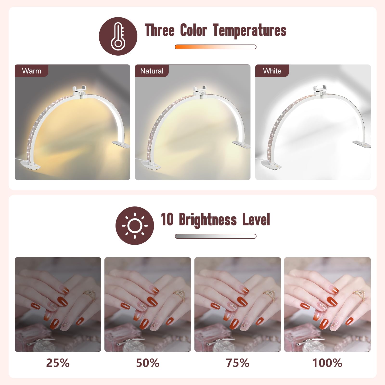 Half Moon Light For Nail Desk With Phone Holder, 28In Folding Half-Moon Light With Shinning Diamond, Led Lamp For Nail Art, Eyel