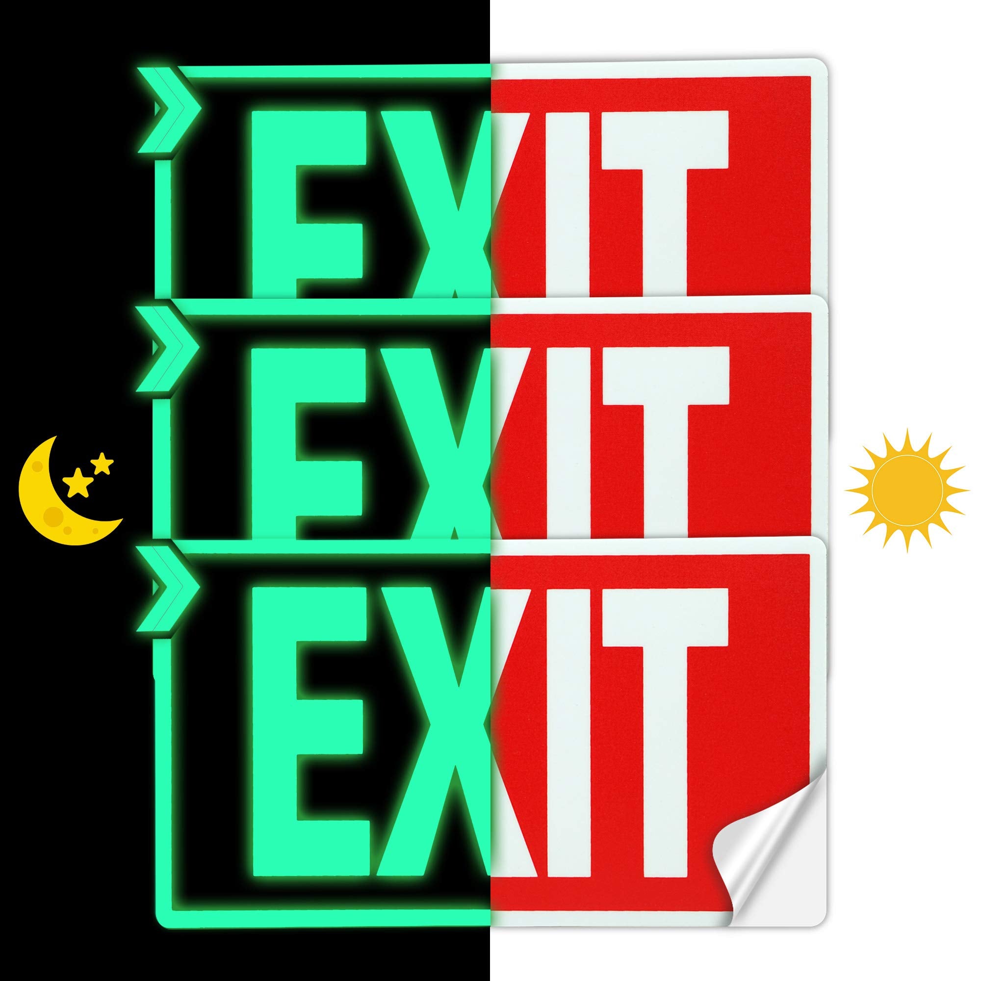 Exit Signs Glow In The Dark Exit Decals 3 Pack 12"X7" Exit Photoluminescent Signs Stickers, Glows For Up To 8 Hours