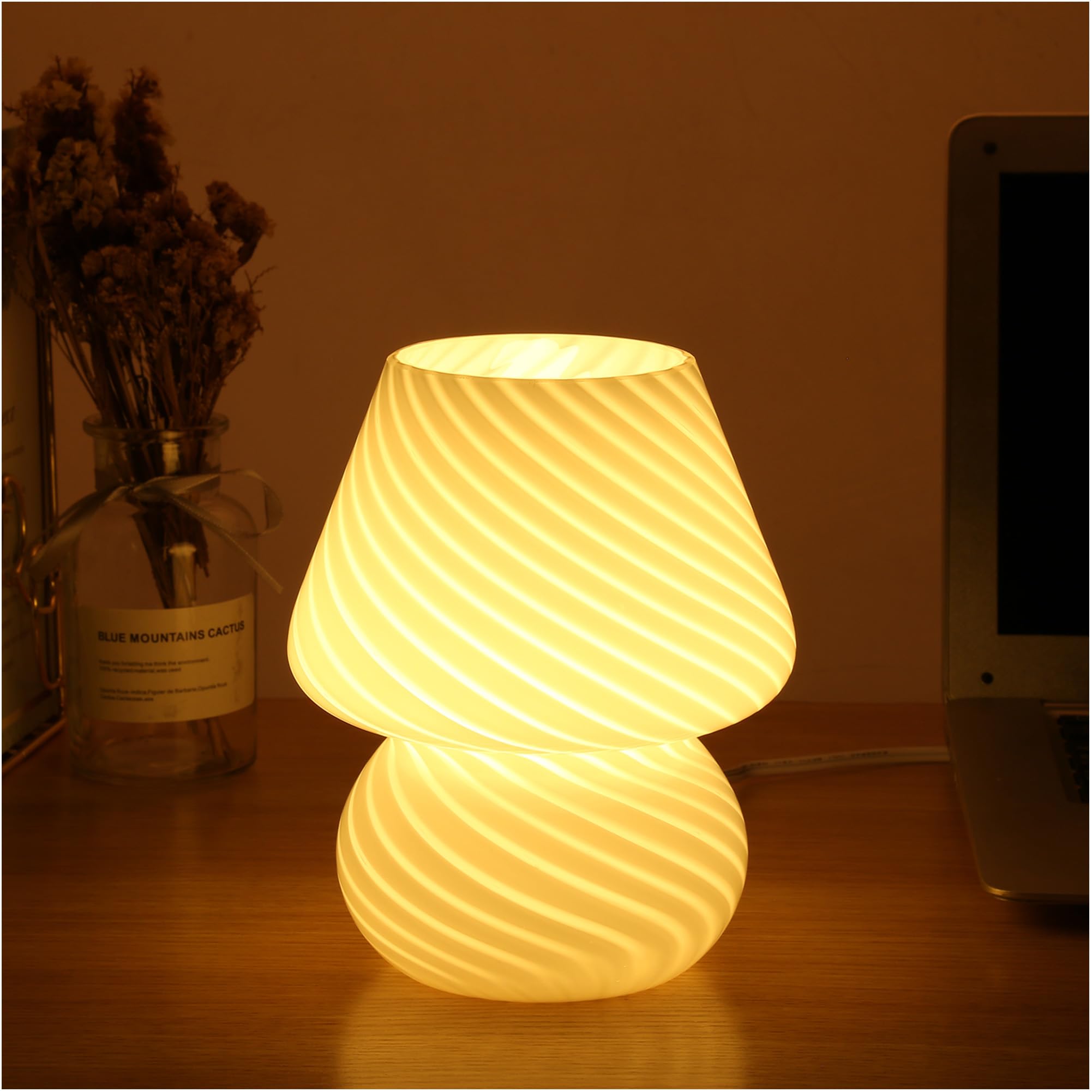 BSOD Mushroom Lamp - Glass Table Bedside Light, Cute Small Stripe White Decor for Kids & Bedroom, Model Bsod-SW-Mushroom-Lamps
