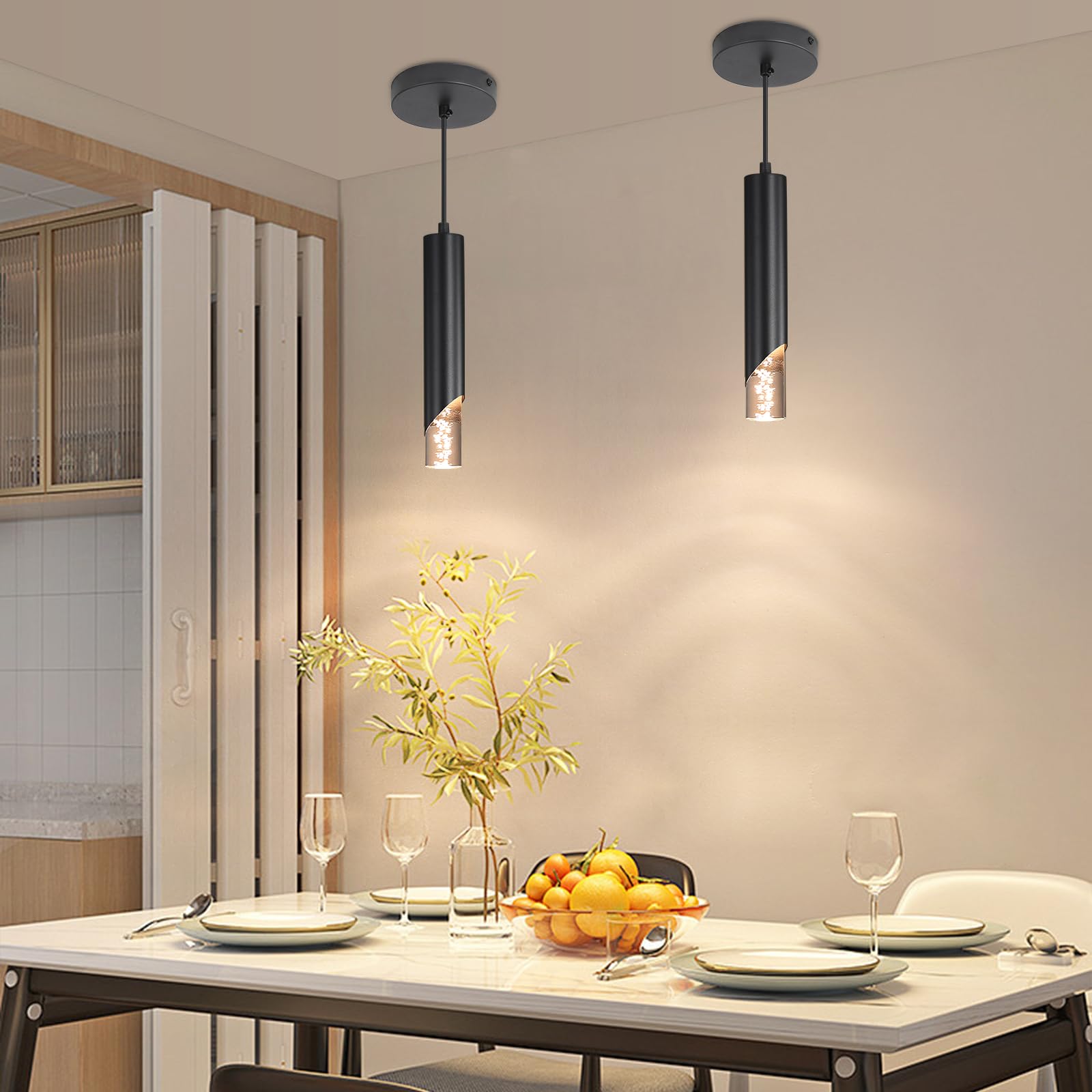 Minimalist Kitchen Island Pendant Lights  Black Modern Linear Hanging Light Fixture  Bubble Acrylic  Adjustable 2700K/4500K/6500K  Led Ceiling Lighting For Dining Room  Bedside  Bathroom  Bar