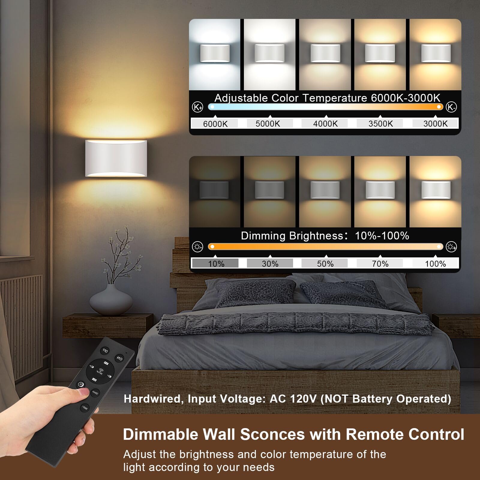 Trlife Modern Led Wall Sconces, Remote Control Dimmable And Adjustable Color Temperature 3000K~6000K Aluminum 12W Hardwired 120V