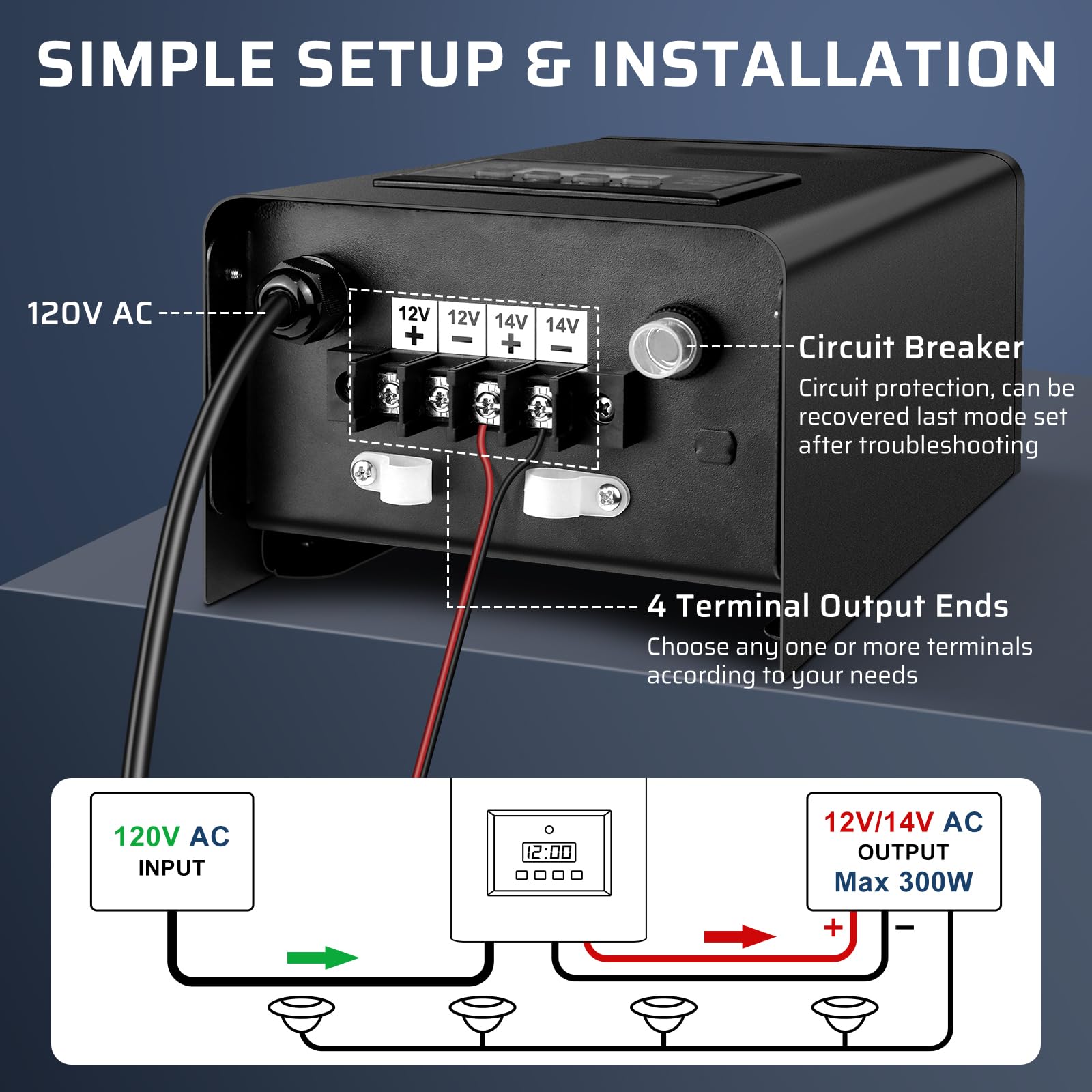 300W Low Voltage Landscape Transformer  Landscape Lighting Transformer With Timer And Photocell Sensor  120V Ac To 12V/14V Ac Outdoor Weatherproof Low Voltage Transformers For Landscape Lighting