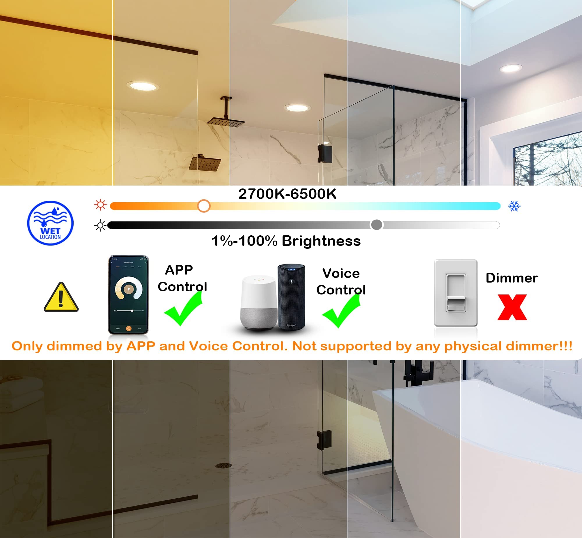CLOUDY BAY 6 Inch Smart WiFi LED Recessed Lighting - 12 Pack, RGBCW, 15W, 950LM, Compatible with Alexa & Google Home, Wet Location