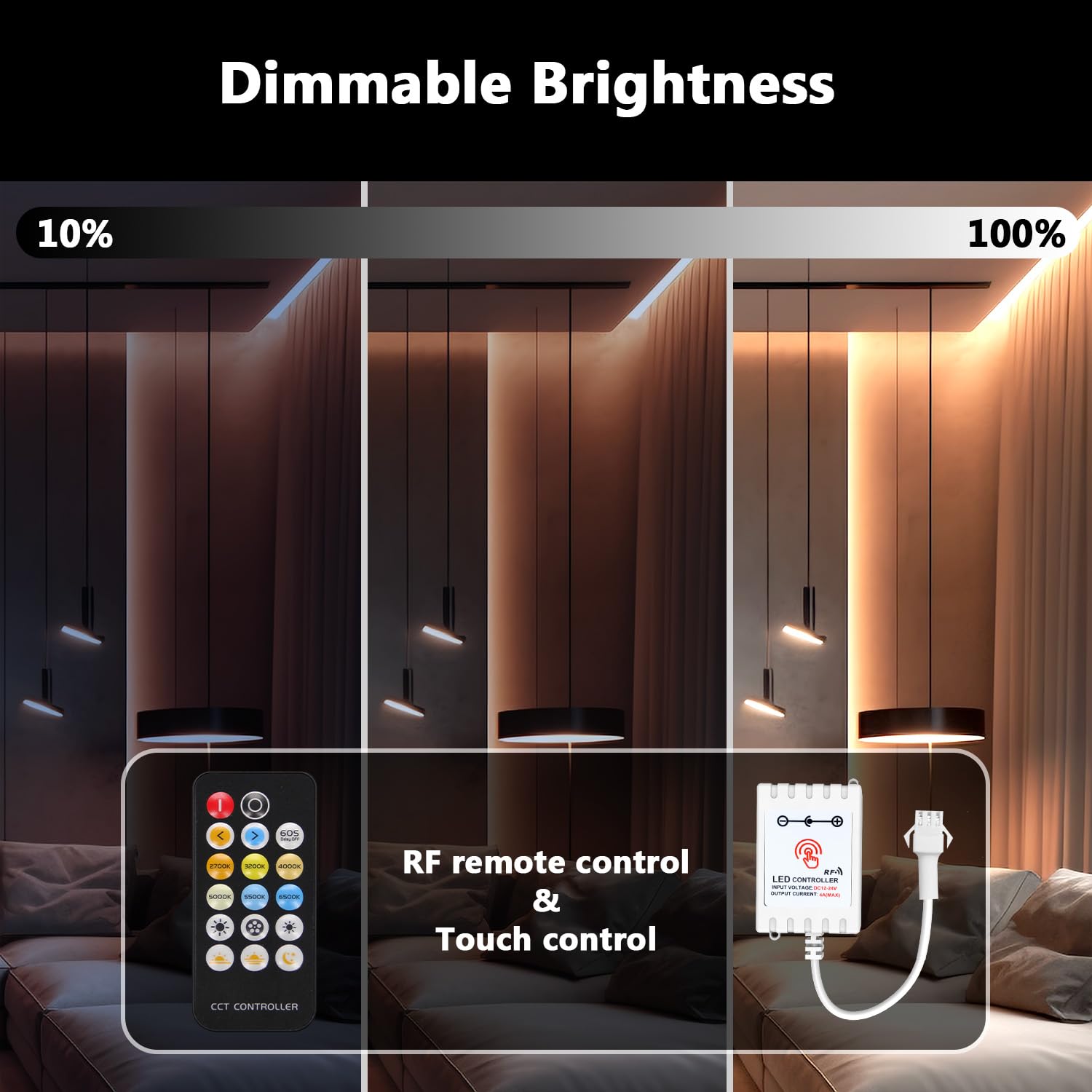 Daybetter Cob Led Strip Light Tunable White, 32.8Ft/10M 6080Leds White Led Light Strips With Remote, 2700K-6500K Dimmable Led Ta