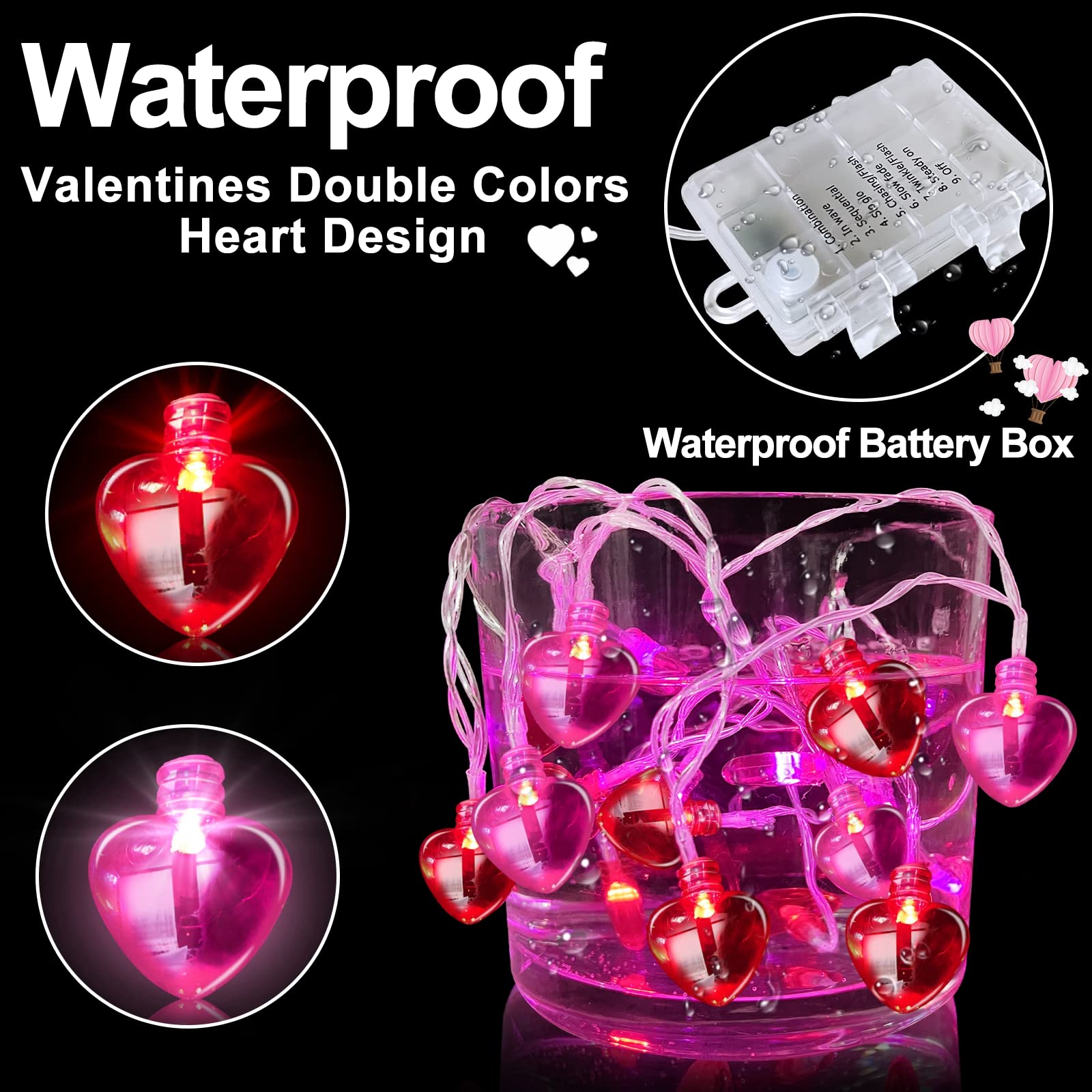 Remote Control & 8 Modes - Valentines Day Decorations Heart Garland Lights with Timer 8.2 Ft 20 LED Red Pink Heart String Lights