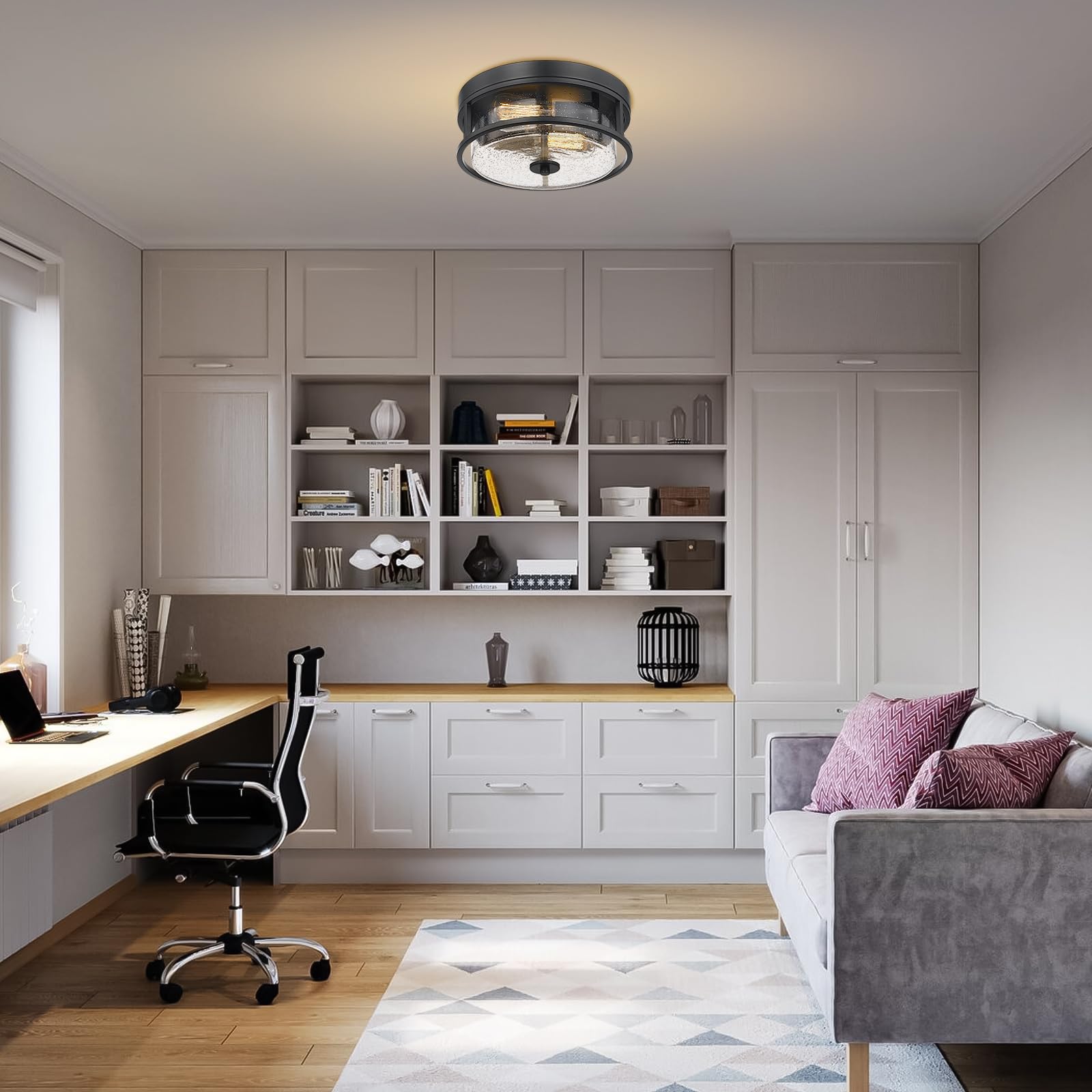 Luminzone 2-Light Flush Mount Ceiling Light, Farmhouse Industrial Black Finish With Seeded Glass Ceiling Lamp, Modern Ceiling Li