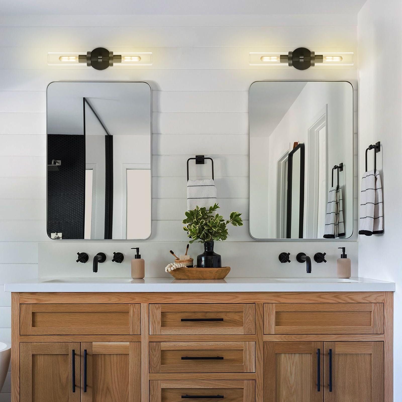 Zhtiechui 2-Light Black Knurled Wall Sconces, Glass Sconces Wall Lighting Indoor, Bathroom Vanity Light Sconces, Wall Lights For