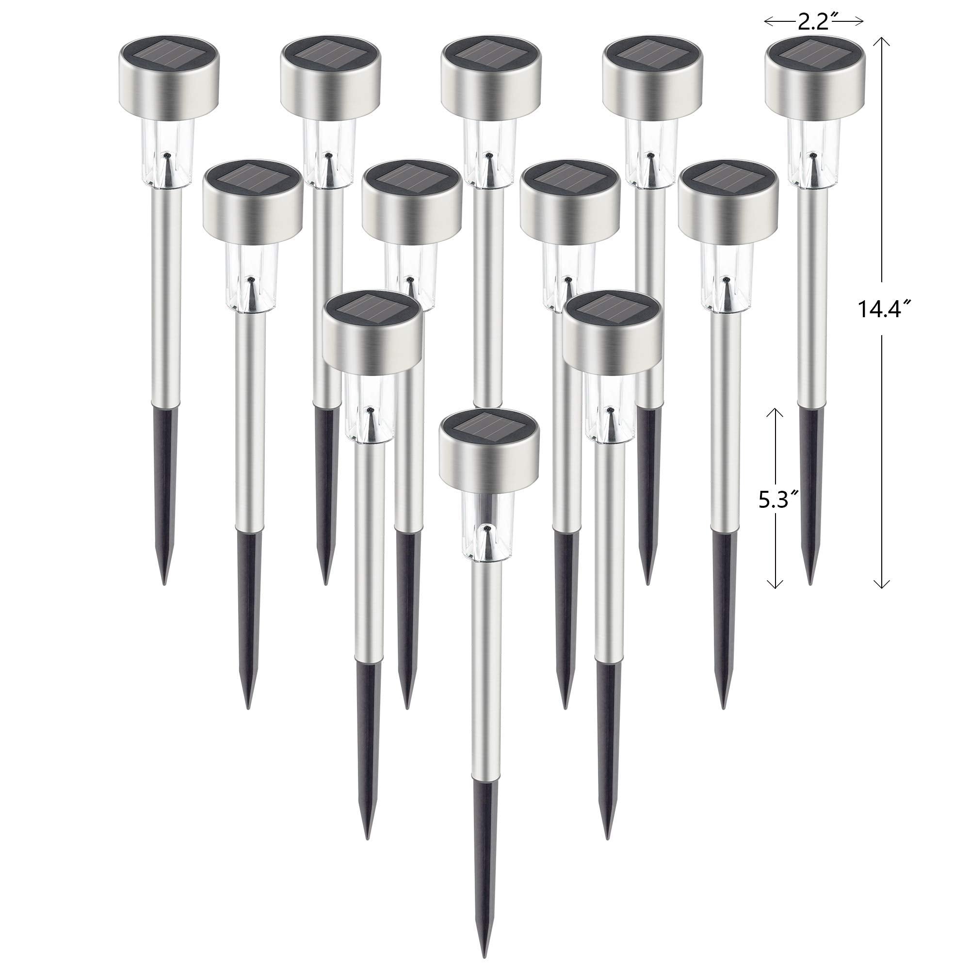 GIGALUMI Solar Pathway Lights 12 Pack, Stainless Steel, IP44 Waterproof, Warm White, Model 8374-12N