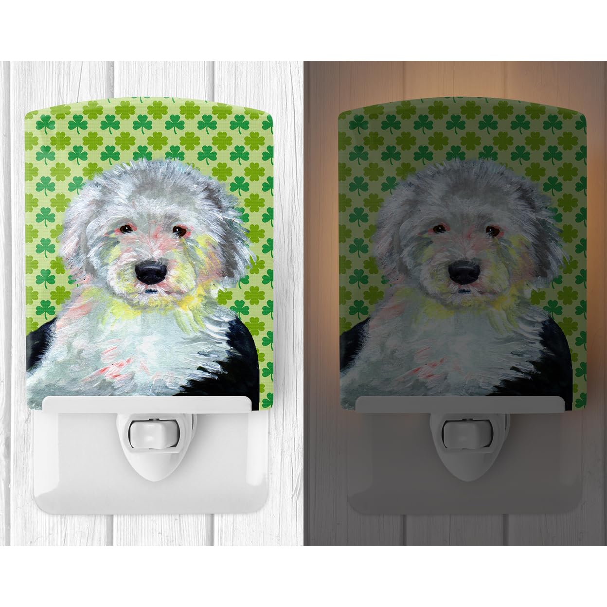 Caroline'S Treasures Lh9216Cnl Old English Sheepdog St. Patrick'S Day Shamrock Portrait Ceramic Night Light Compact, Ul-Certified, Ideal For Bedroom, Bathroom, Nursery, Hallway, Kitchen, 6X4X3, Multi