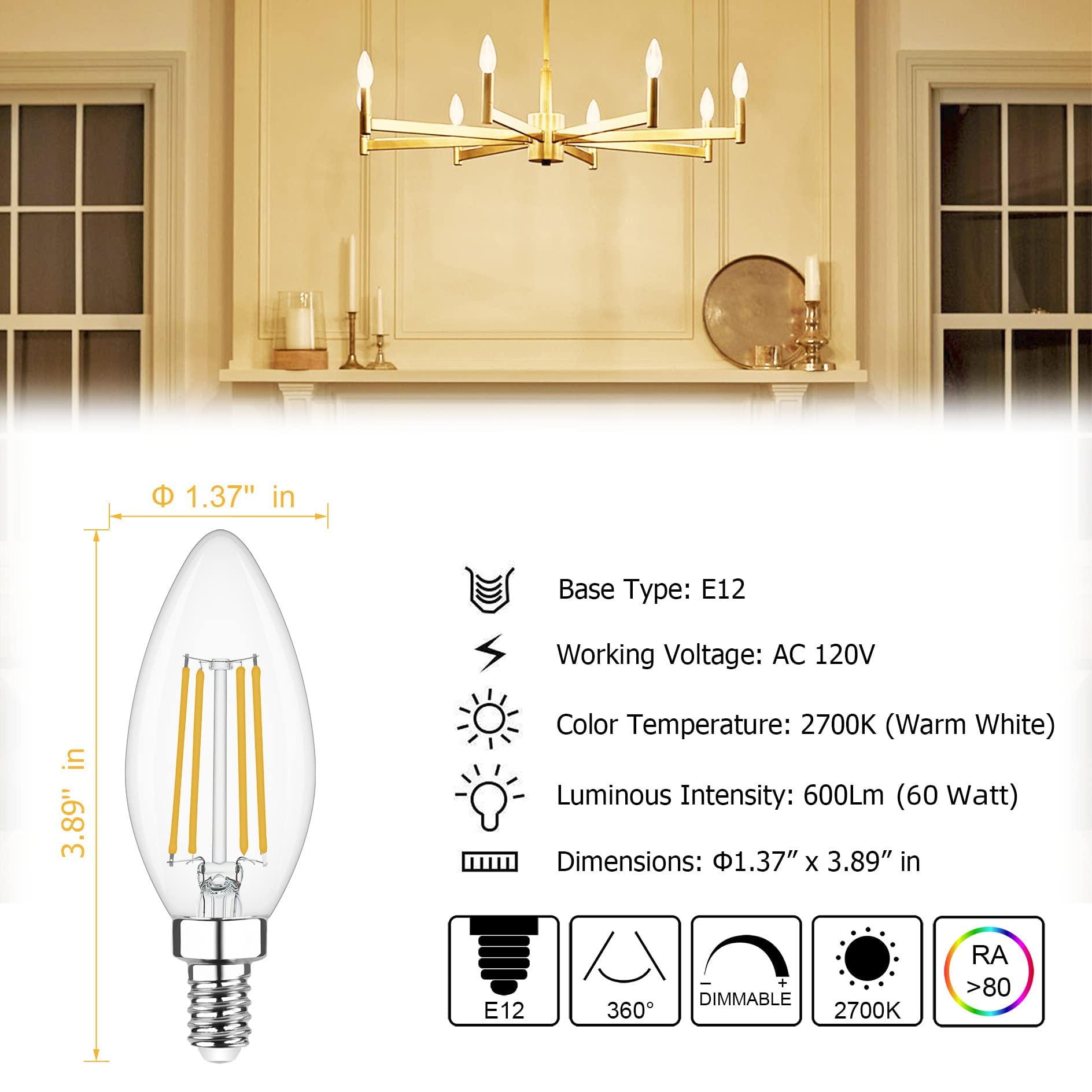 Cotanic Led Candelabra Bulb Dimmable 2700K Soft Warm White, E12 Small Base Type B Light Bulb 60W Equivalent, B11 Candle Light Bu