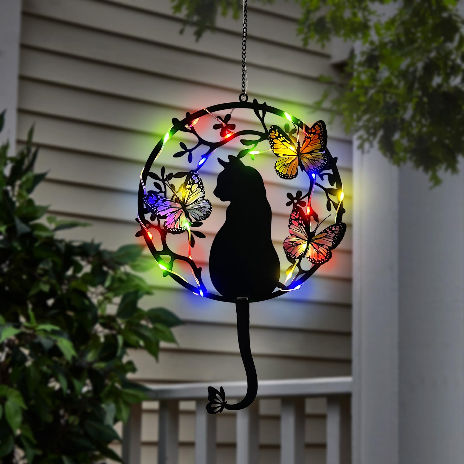 Hanging Cat Solar Lights Outdoor,Waterproof Colorful LED Lights with Silhouette Black Cat & Butterflies Garden Decor for Yard,Pa