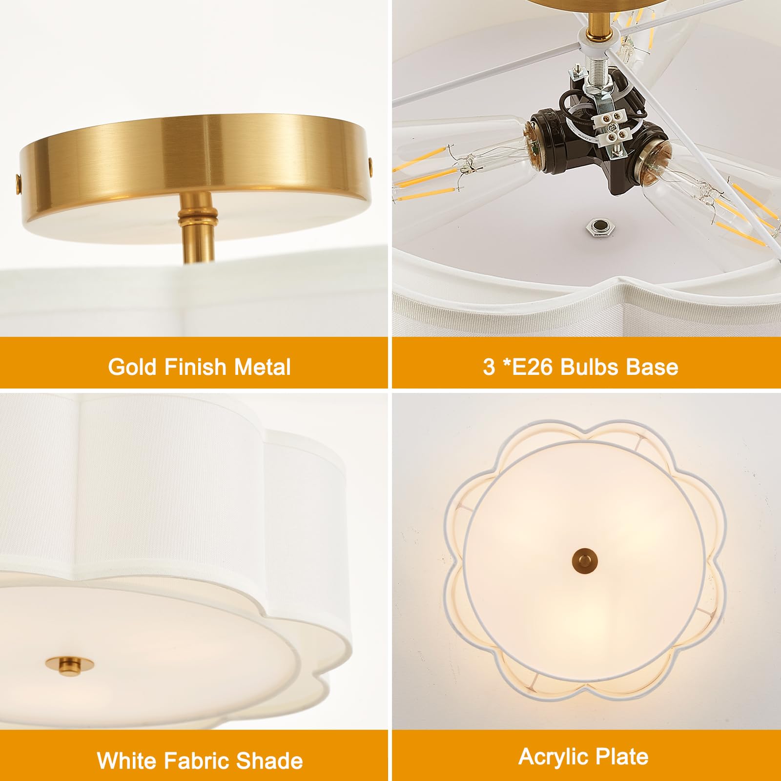 Widluth Modern Semi Flush Mount Ceiling Light 18'' Modern Gold Drum Ceiling Lighting Fixture With Linen Shade Vintage Ceiling La